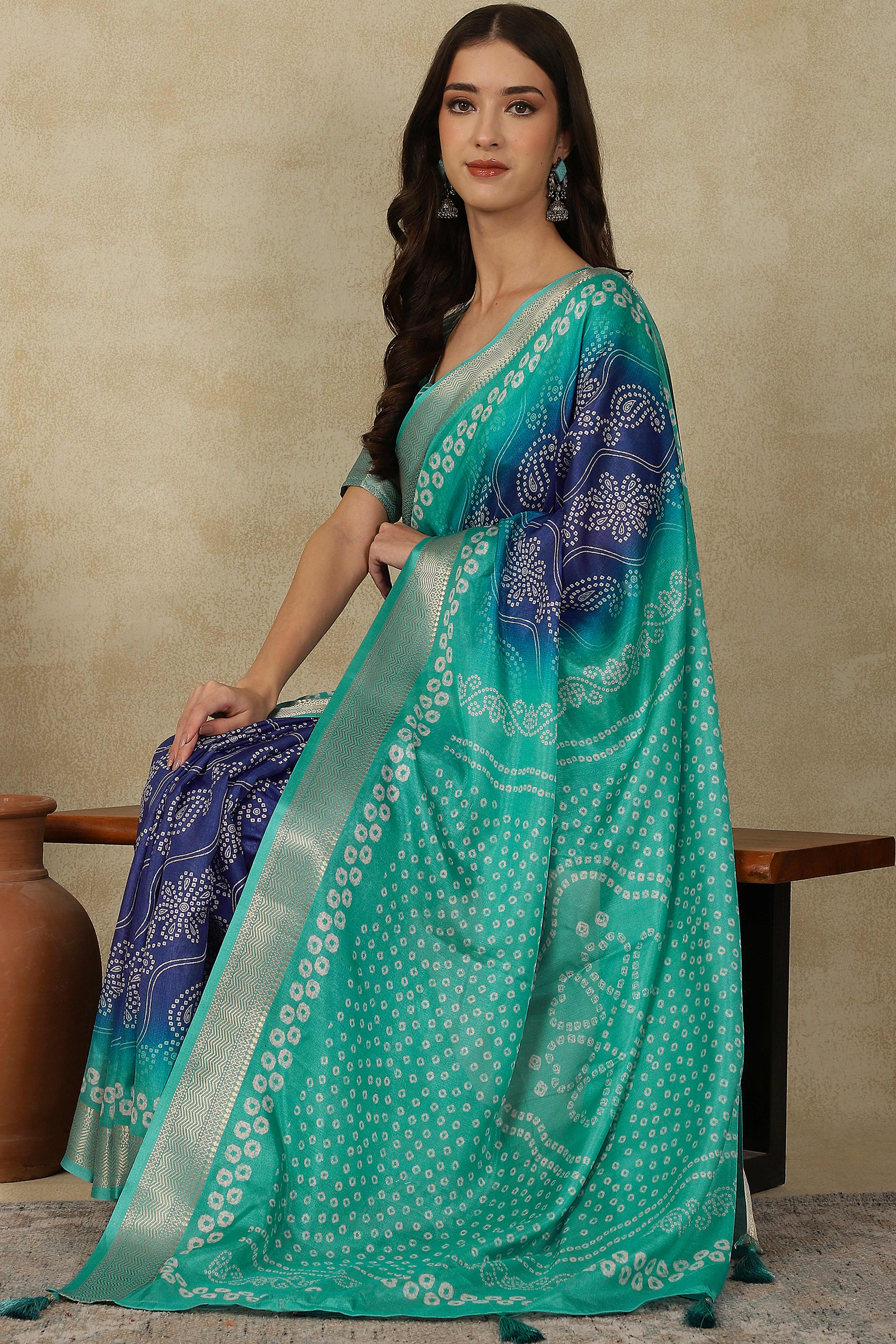 Luxury Blue & Turquoise Bandhani Print Cotton Silk Saree Featuring Weaving Border & Tassel Pallu