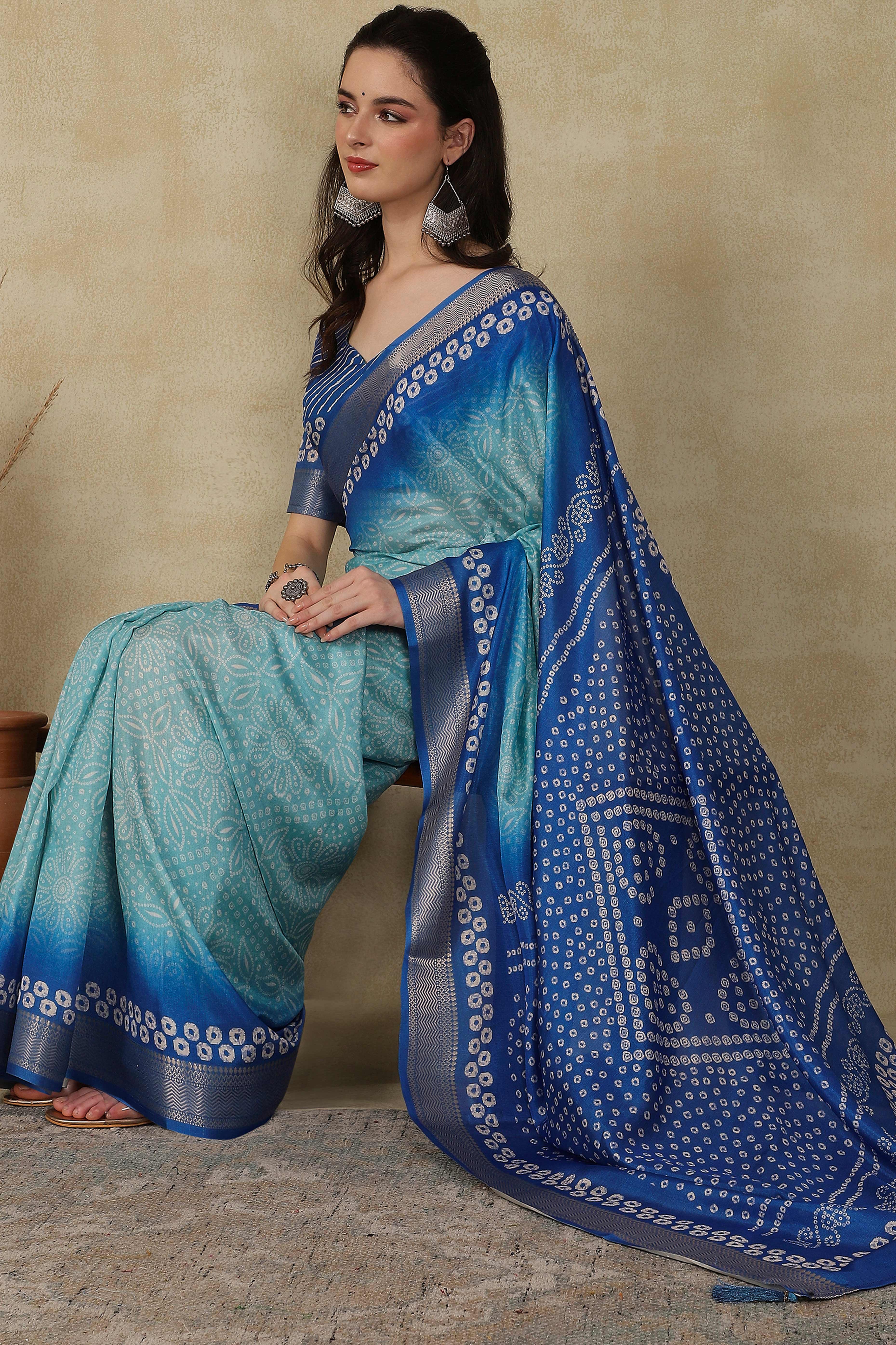 Luxury Blue Bandhani Print Cotton Silk Saree Featuring Weaving Border & Tassel Pallu