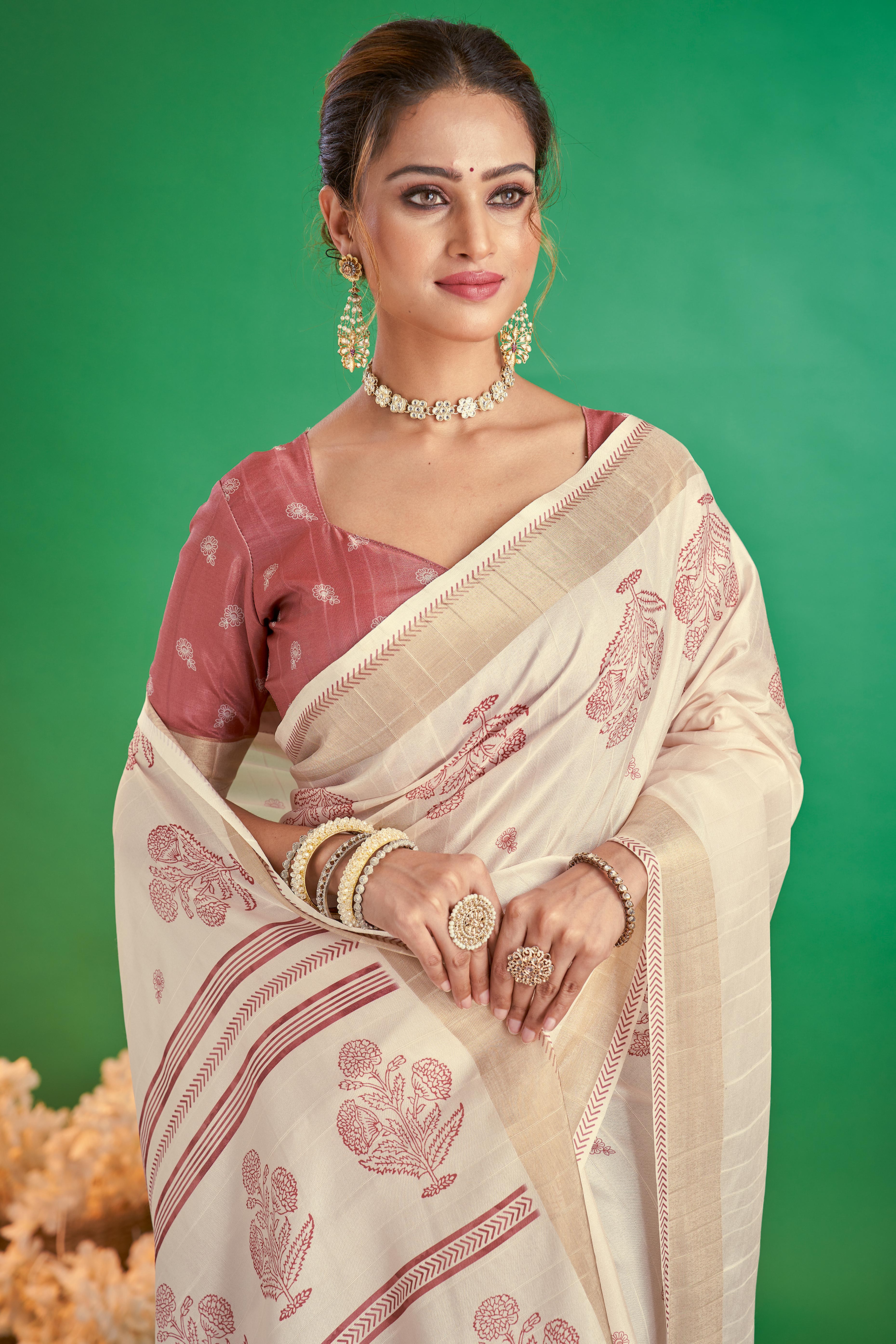 Charming Offwhite & Rose Pink Floral Printed Kotha Cotton Silk Saree Adorned With Tassel Pallu