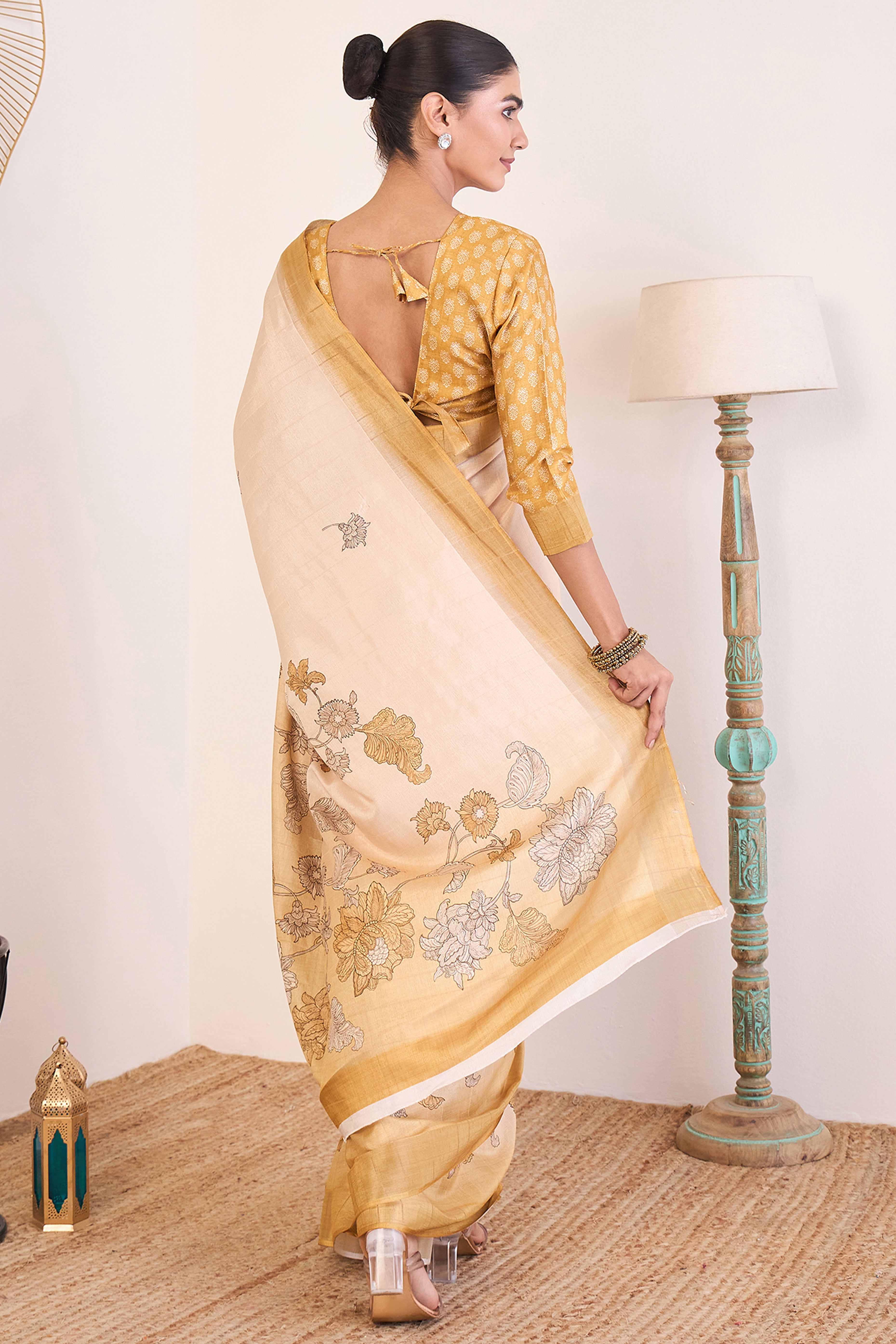 Elegant Light Mustard Floral Printed Kotha Cotton Silk Saree Reflecting Subtle Sophistication