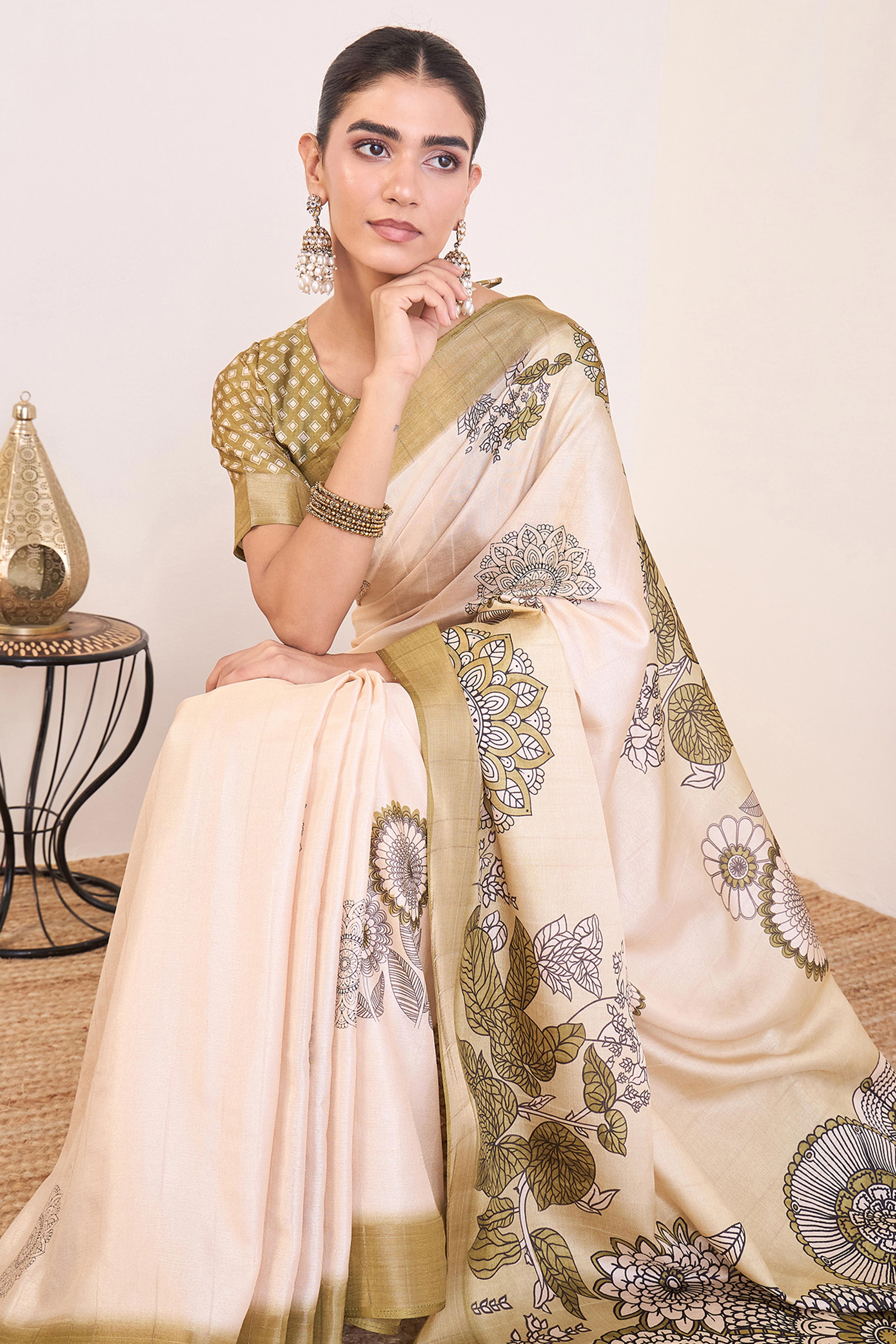 Elegant Mehendi Green Floral Printed Kotha Cotton Silk Saree Reflecting Subtle Sophistication