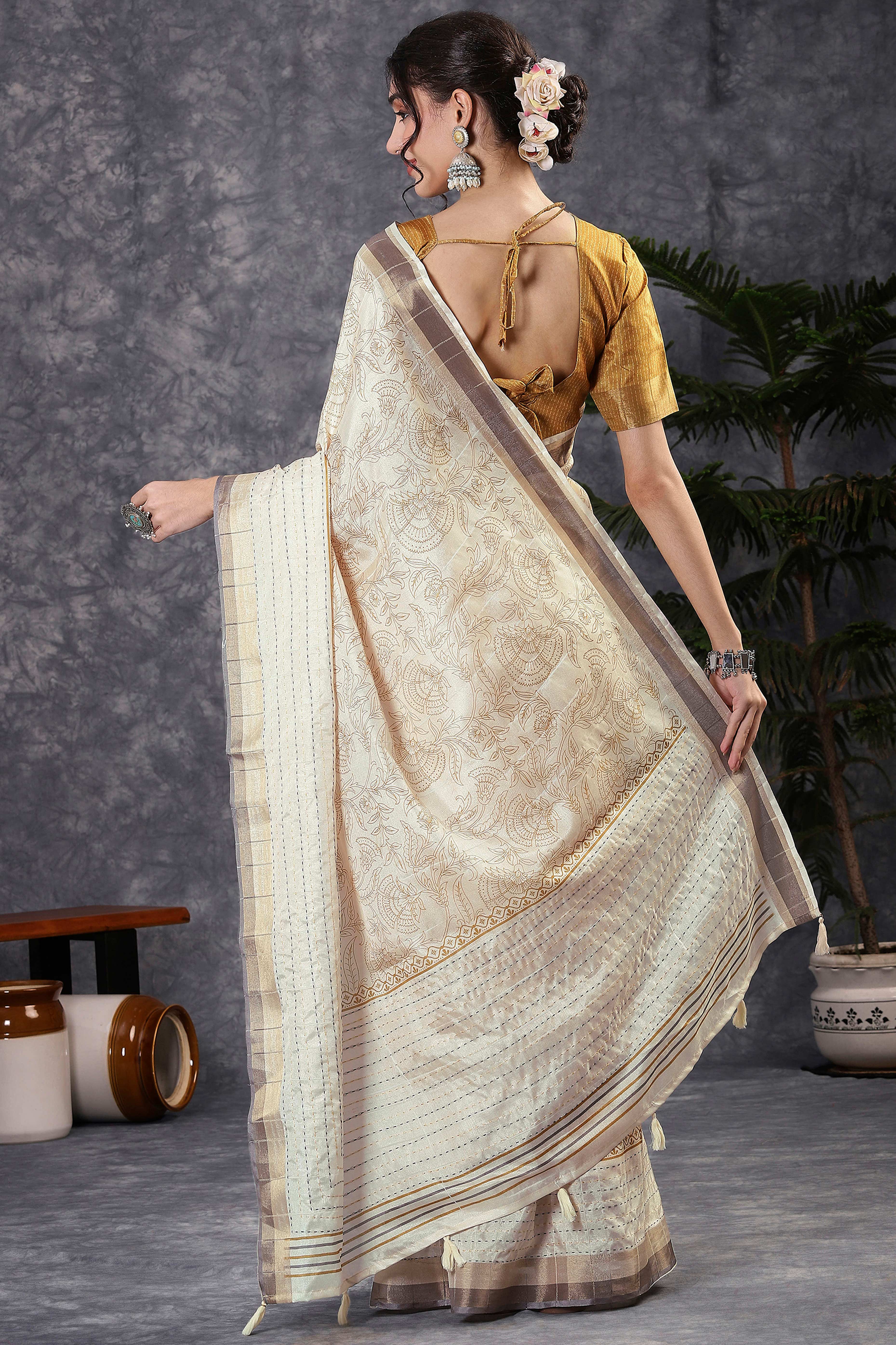Offwhite & Mustard Floral Printed Kotha Cotton Silk Saree With Beautifully Crafted Katha Embroidery