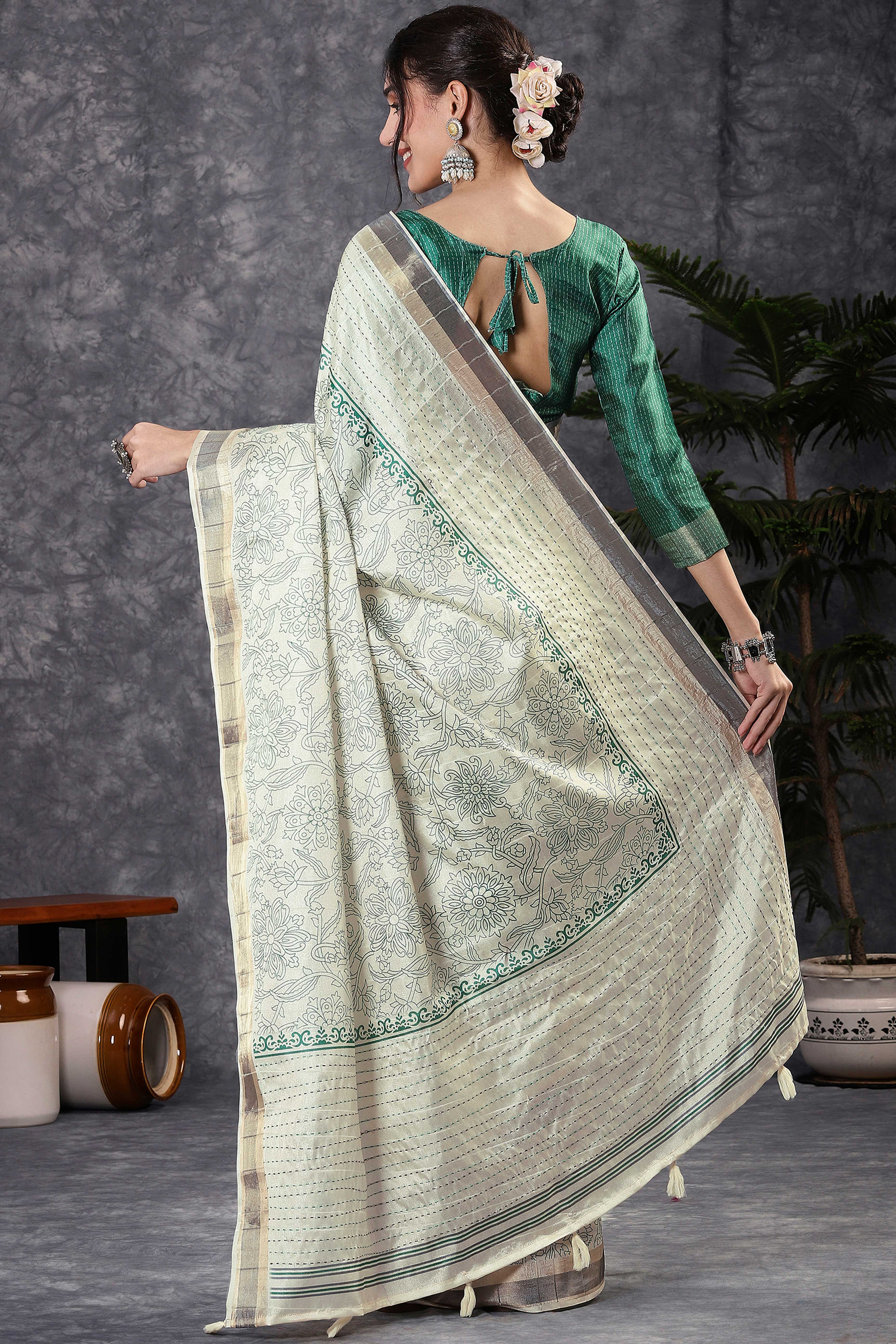 Offwhite & Rama Floral Printed Kotha Cotton Silk Saree With Beautifully Crafted Katha Embroidery