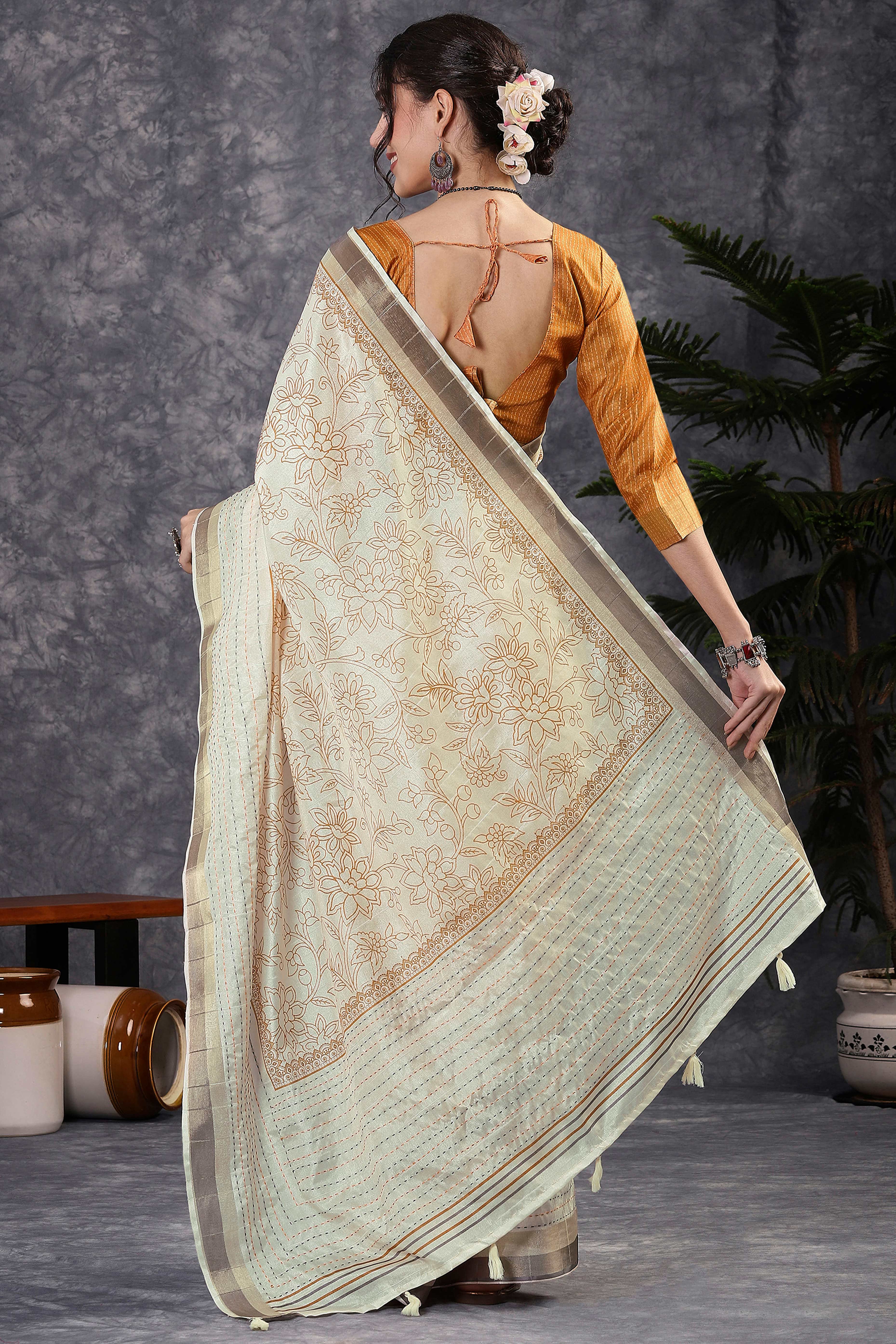 Offwhite & Orange Floral Printed Kotha Cotton Silk Saree With Beautifully Crafted Katha Embroidery