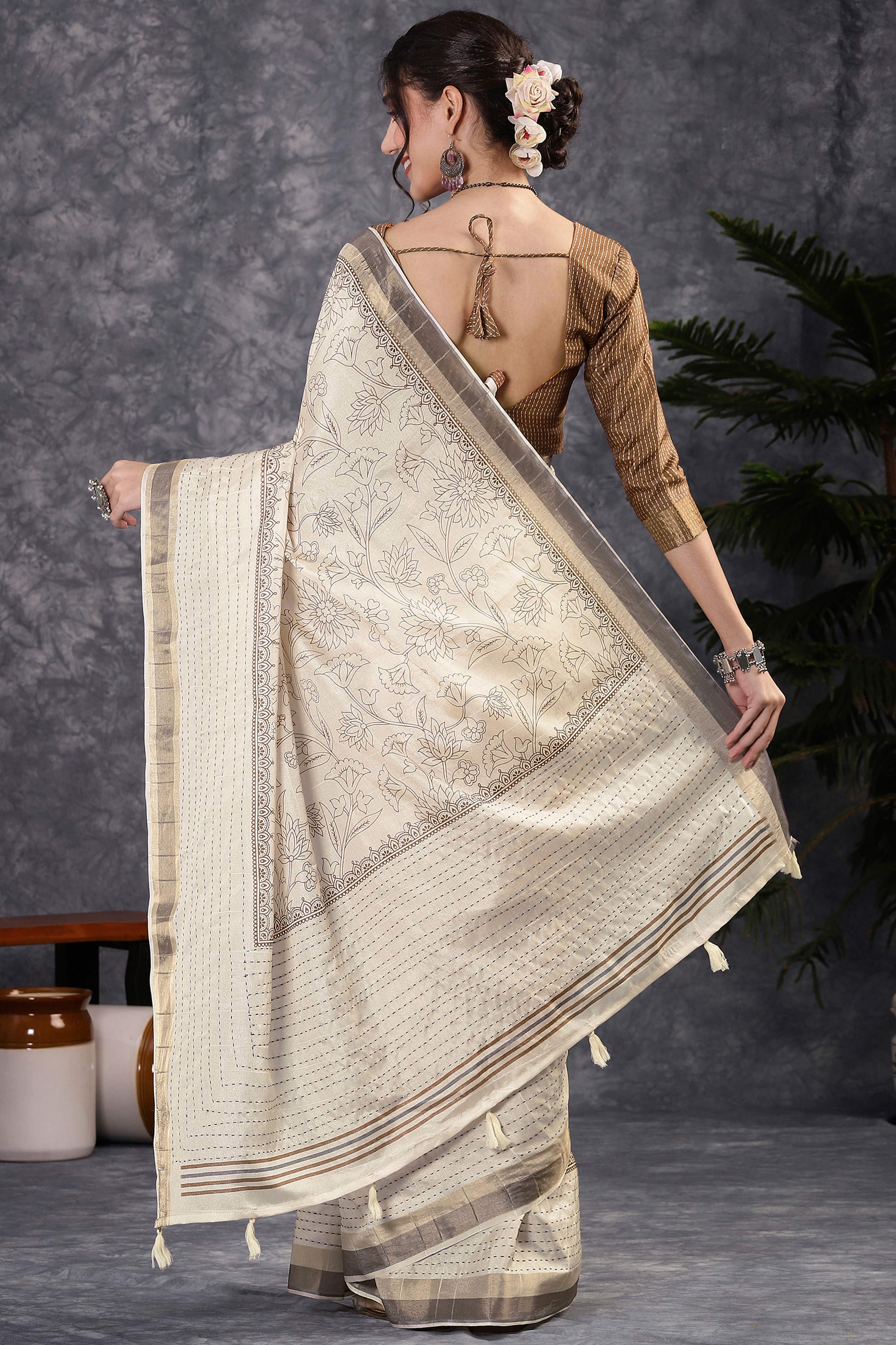 Offwhite & Brown Floral Printed Kotha Cotton Silk Saree With Beautifully Crafted Katha Embroidery