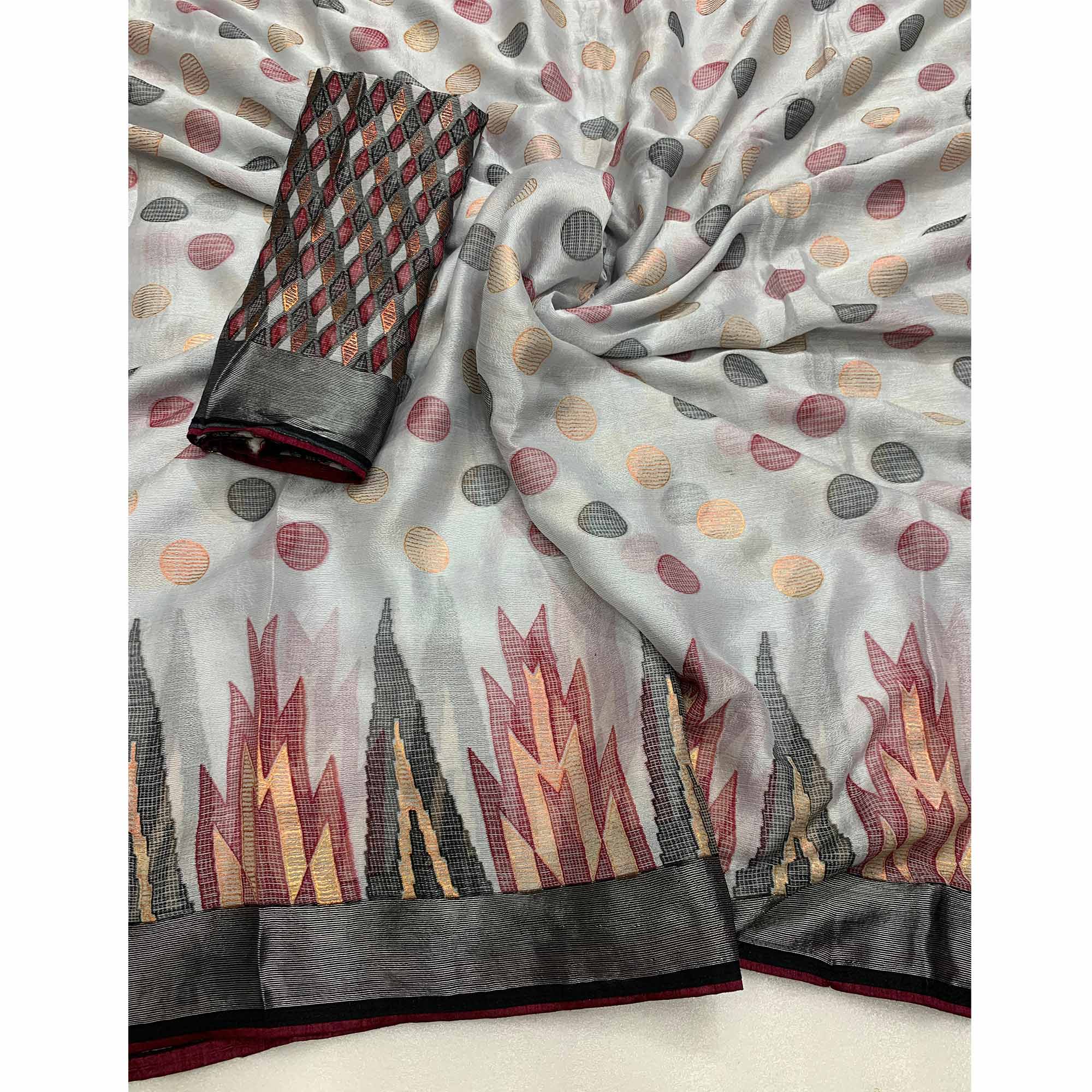 Grey Woven Art Silk Saree With Tassels