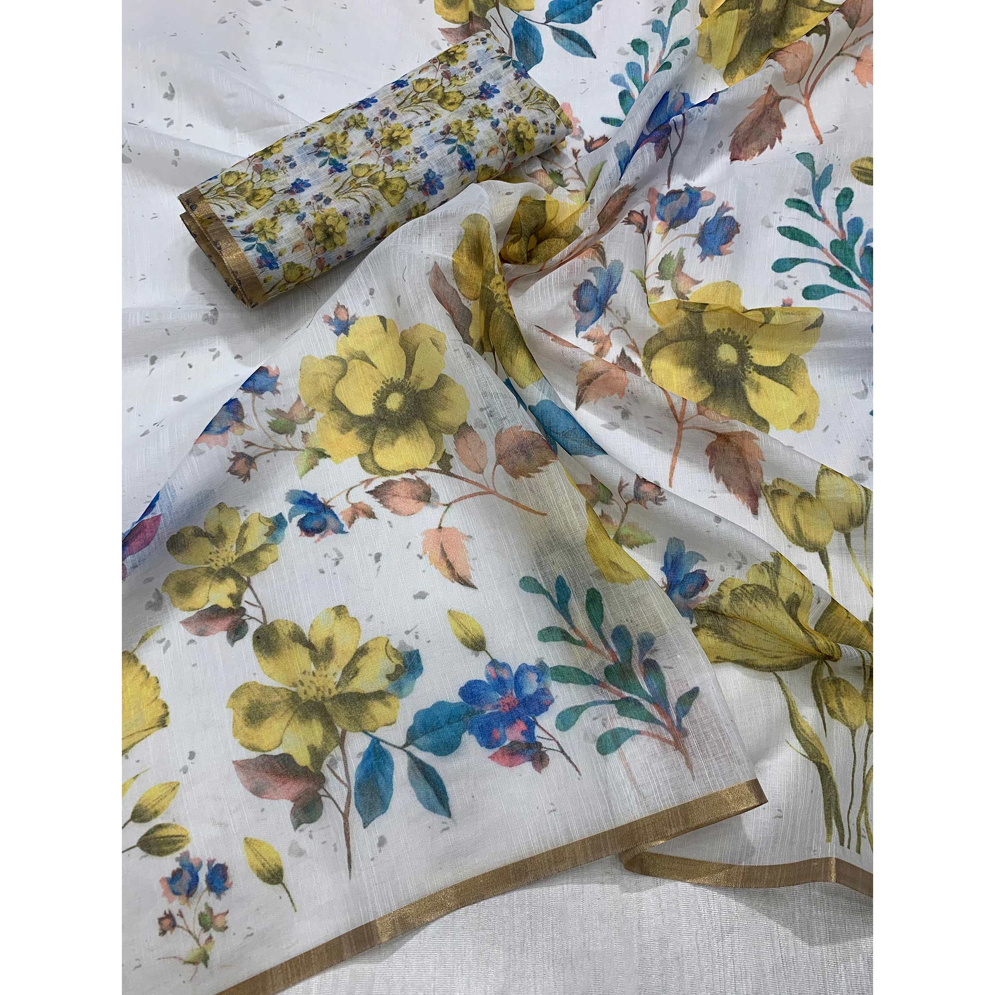 White Floral Printed Chanderi Saree