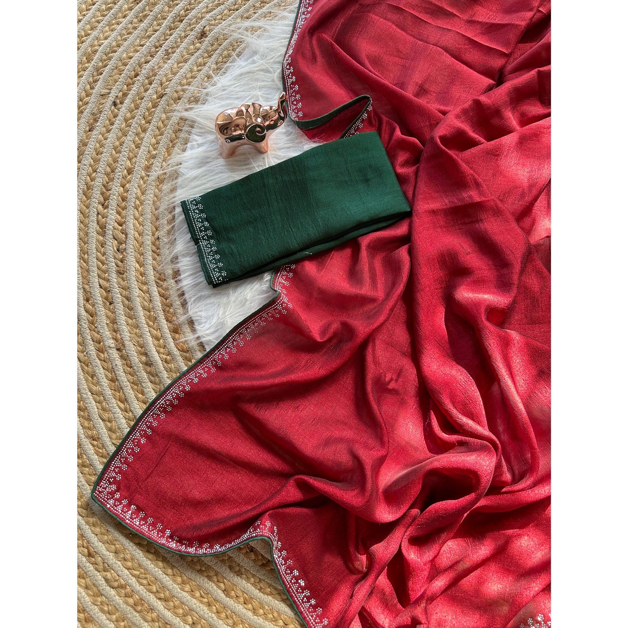 Red Partywear Vichitra Silk Saree Featuring Exquisite Swarovski Stone Work