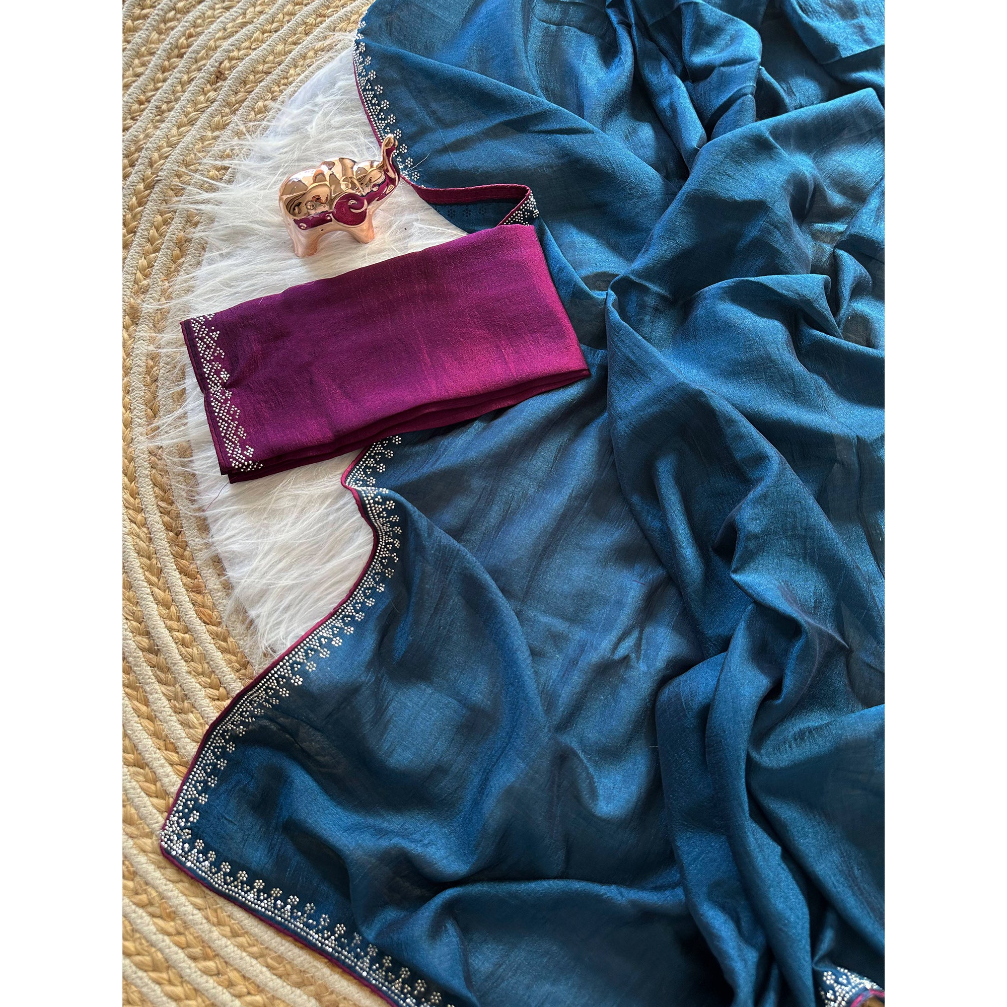 Teal Partywear Vichitra Silk Saree Featuring Exquisite Swarovski Stone Work