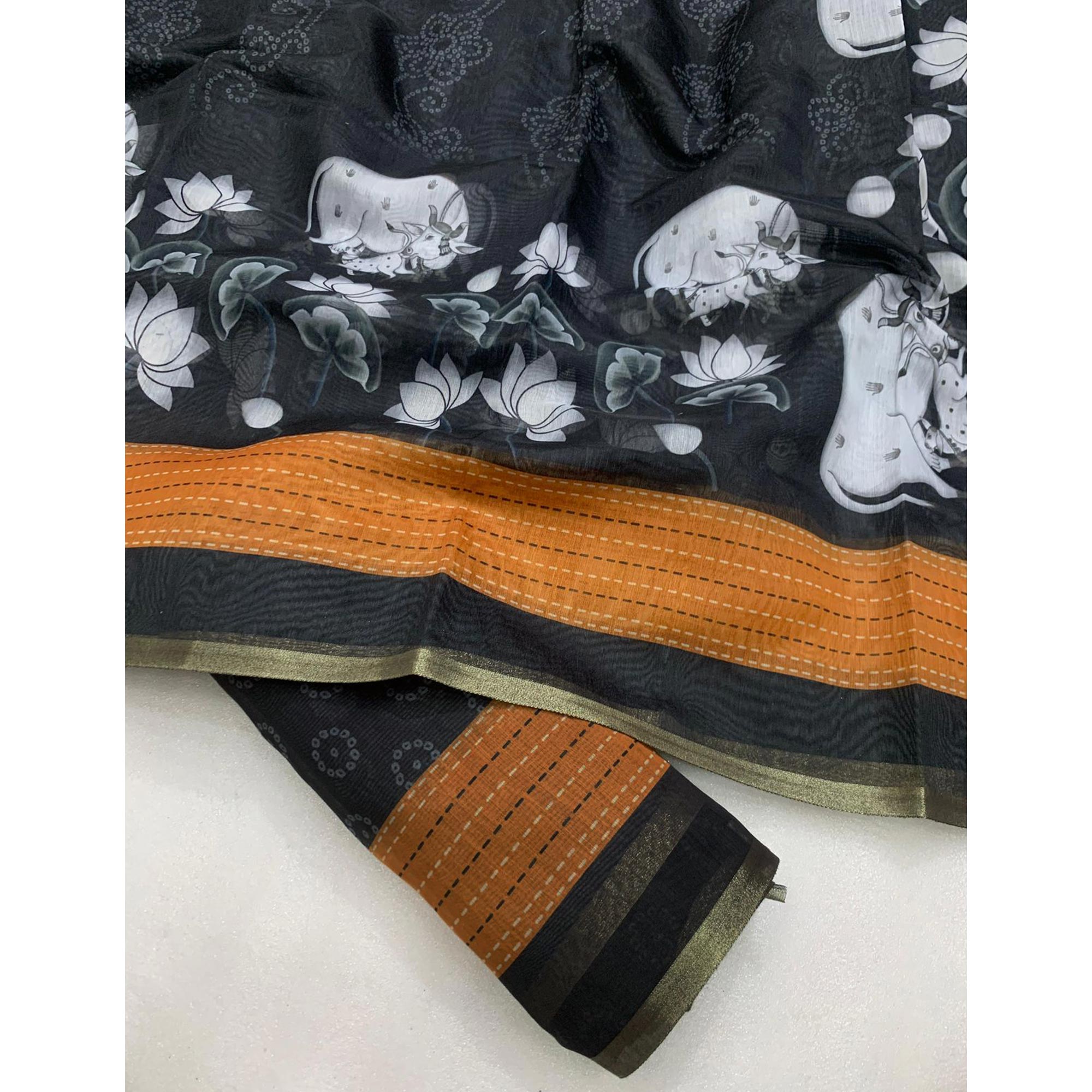 Black & Brown Printed Chanderi Saree