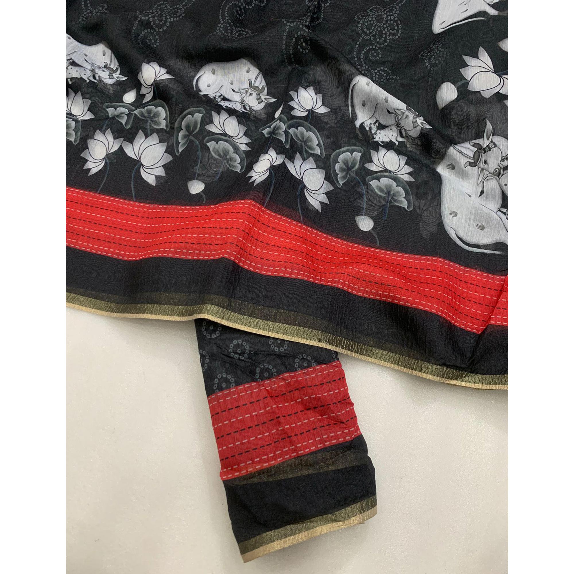 Black & Red Printed Chanderi Saree