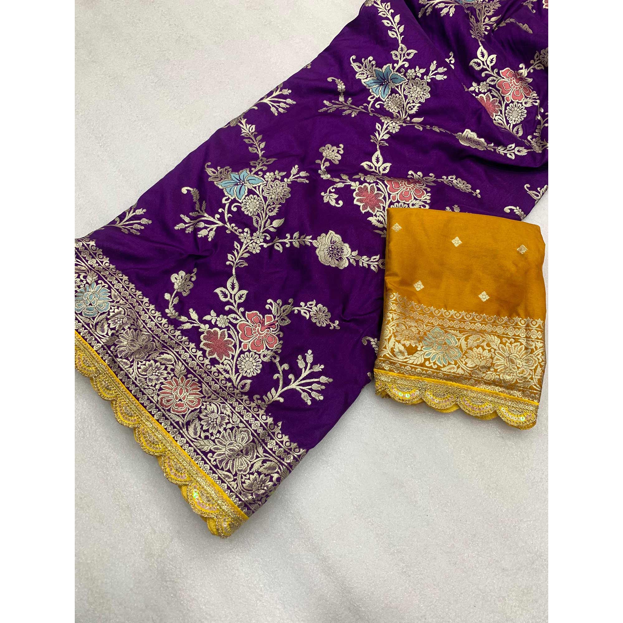 Purple Floral Woven Dola Silk Saree With Lace Border