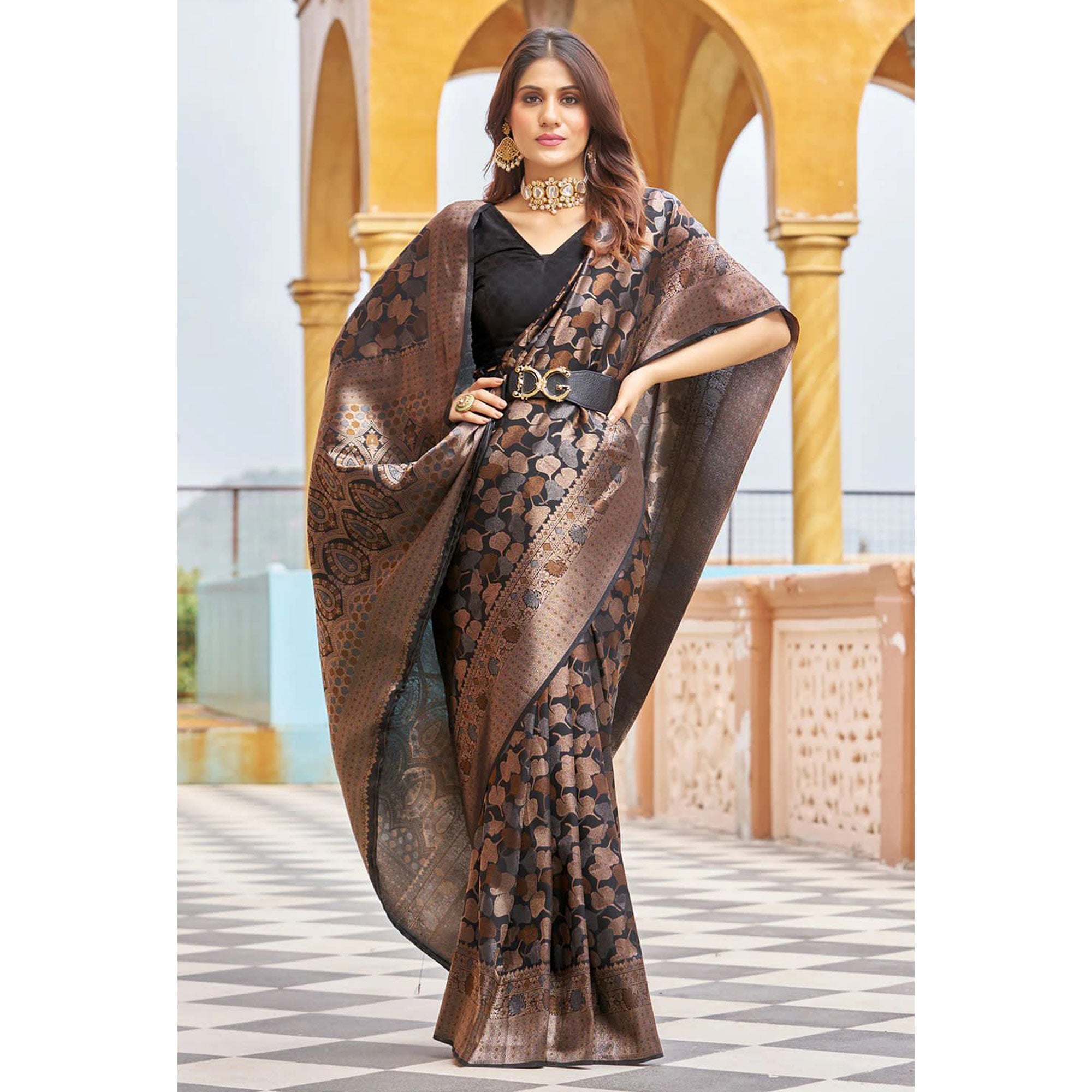 Black Floral Woven Banarasi Silk Saree
