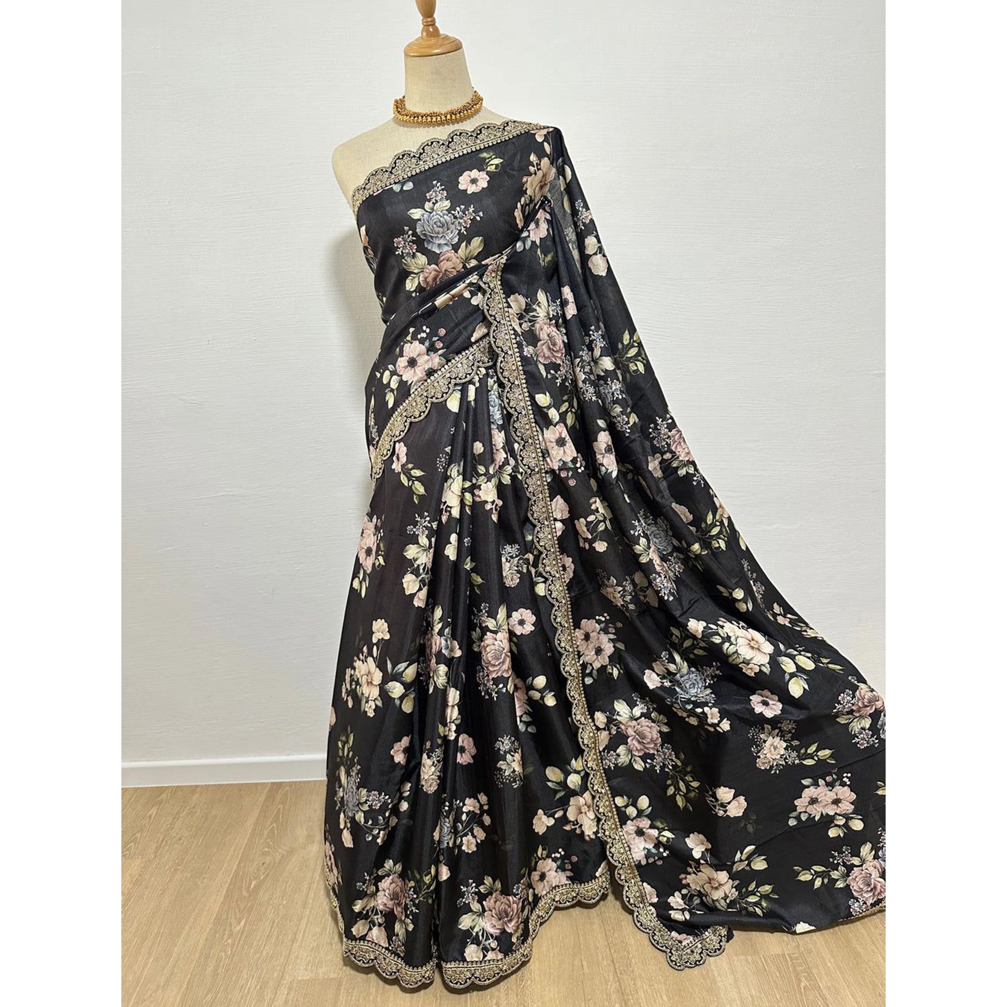 Black Floral Digital Printed Tussar Silk Saree With Sequins Embroidered Border