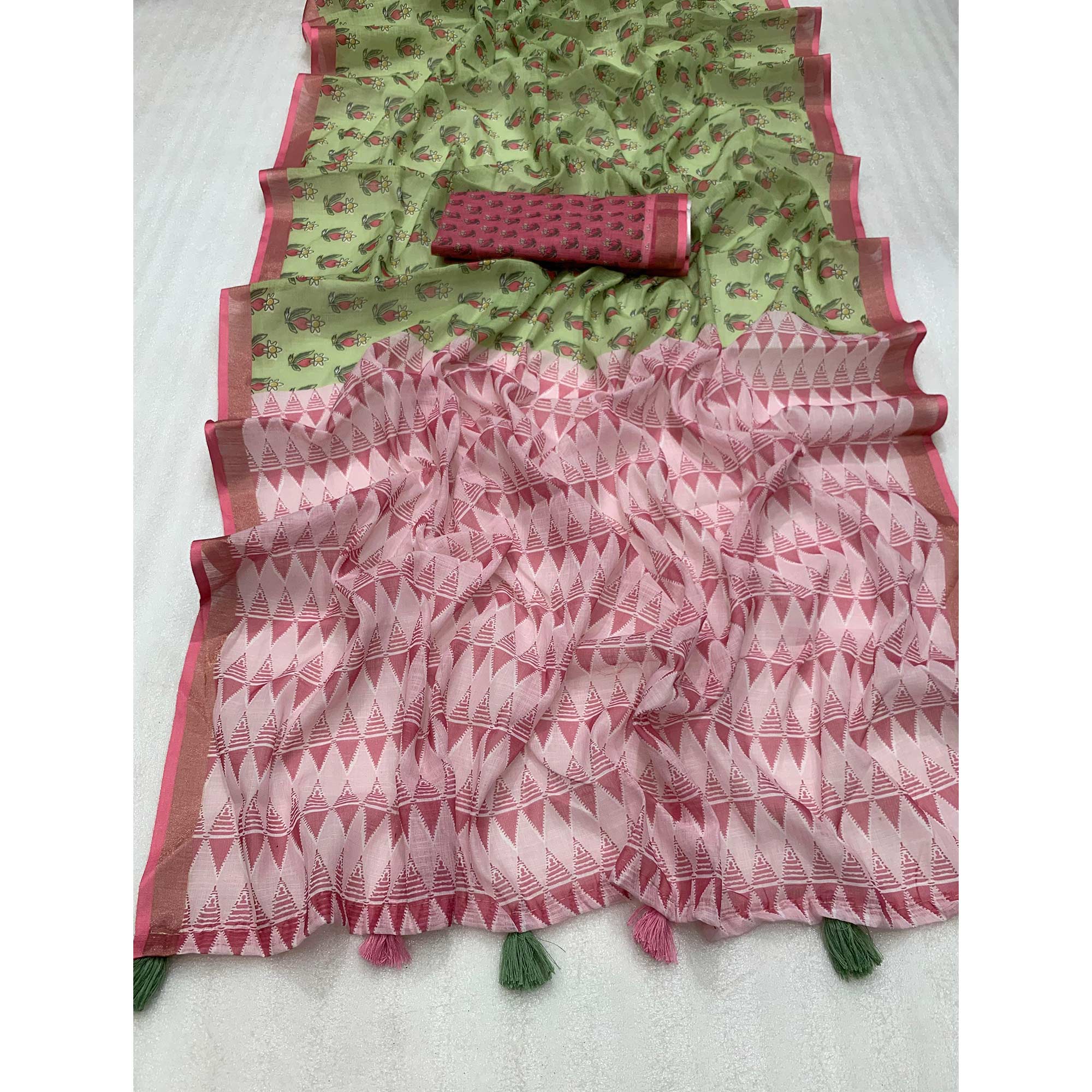 Green Batik Printed Pure Linen Saree With Tassels