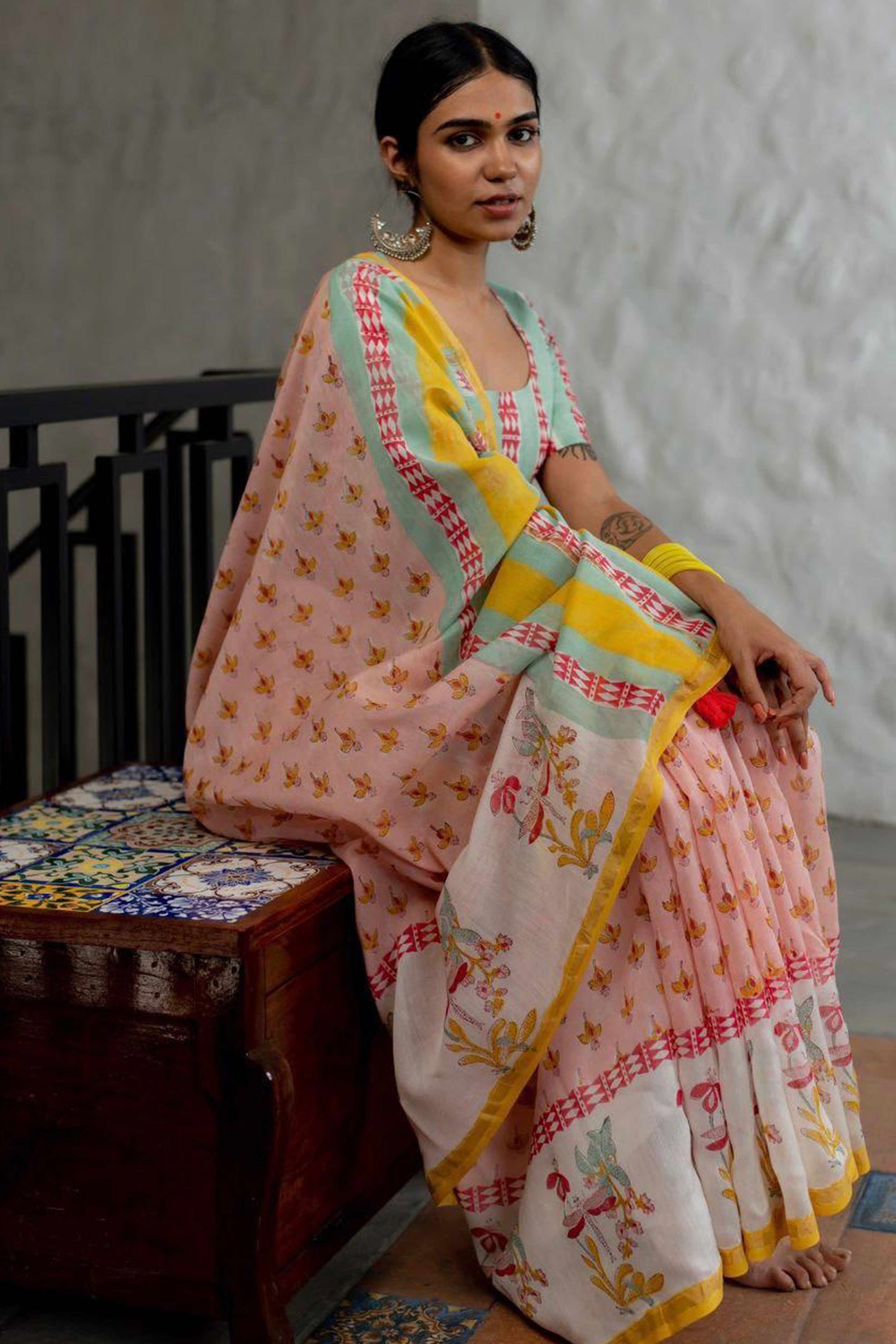 Peach Batik Printed Pure Linen Saree With Tassels