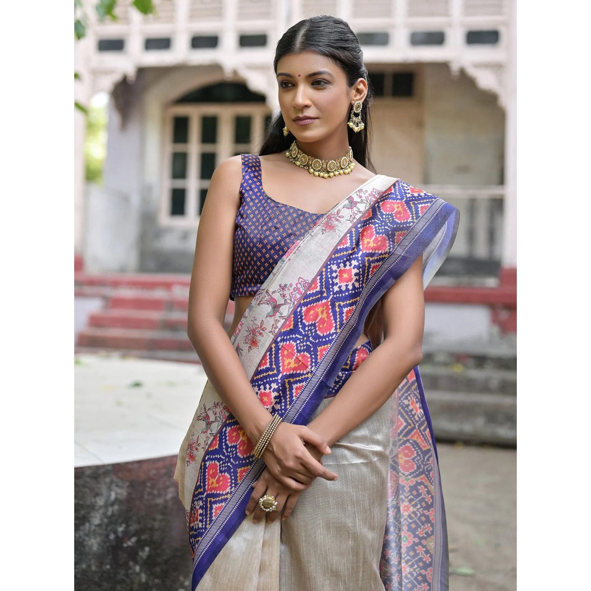 Beige & Blue Floral Printed Tussar Silk Saree