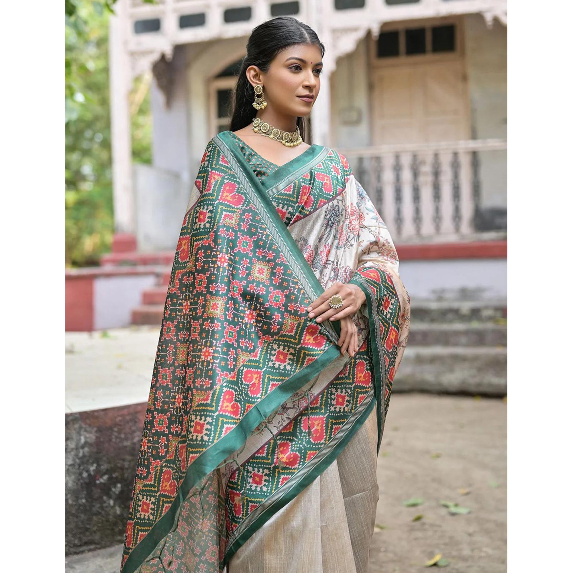 Beige & Green Floral Printed Tussar Silk Saree