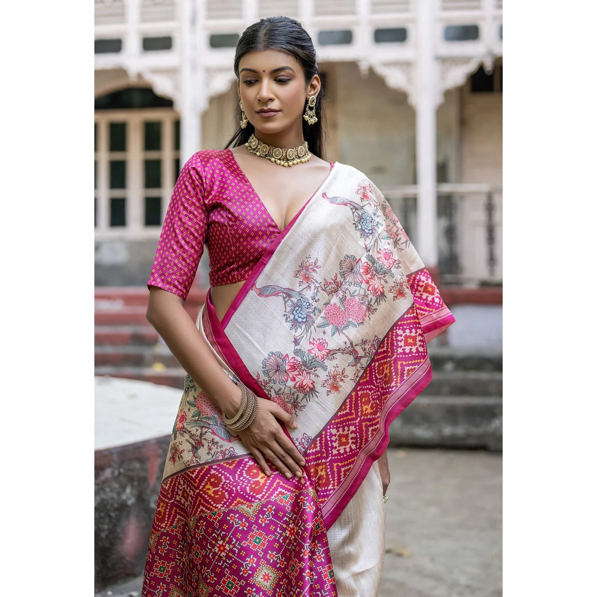 Beige & Pink Floral Printed Tussar Silk Saree