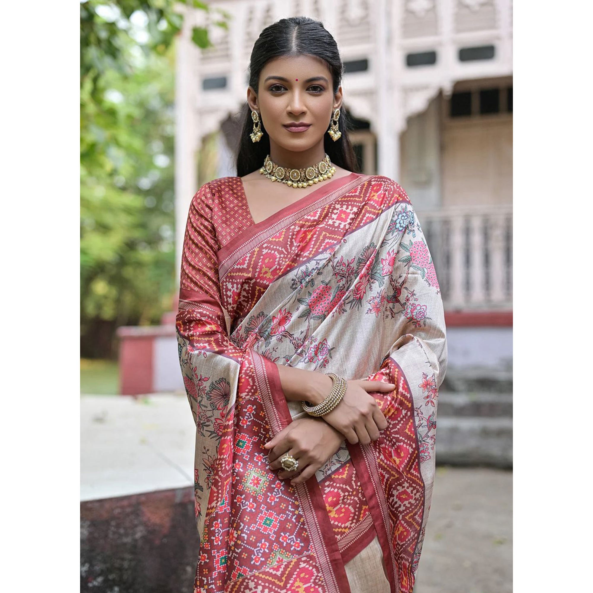 Beige & Red Floral Printed Tussar Silk Saree