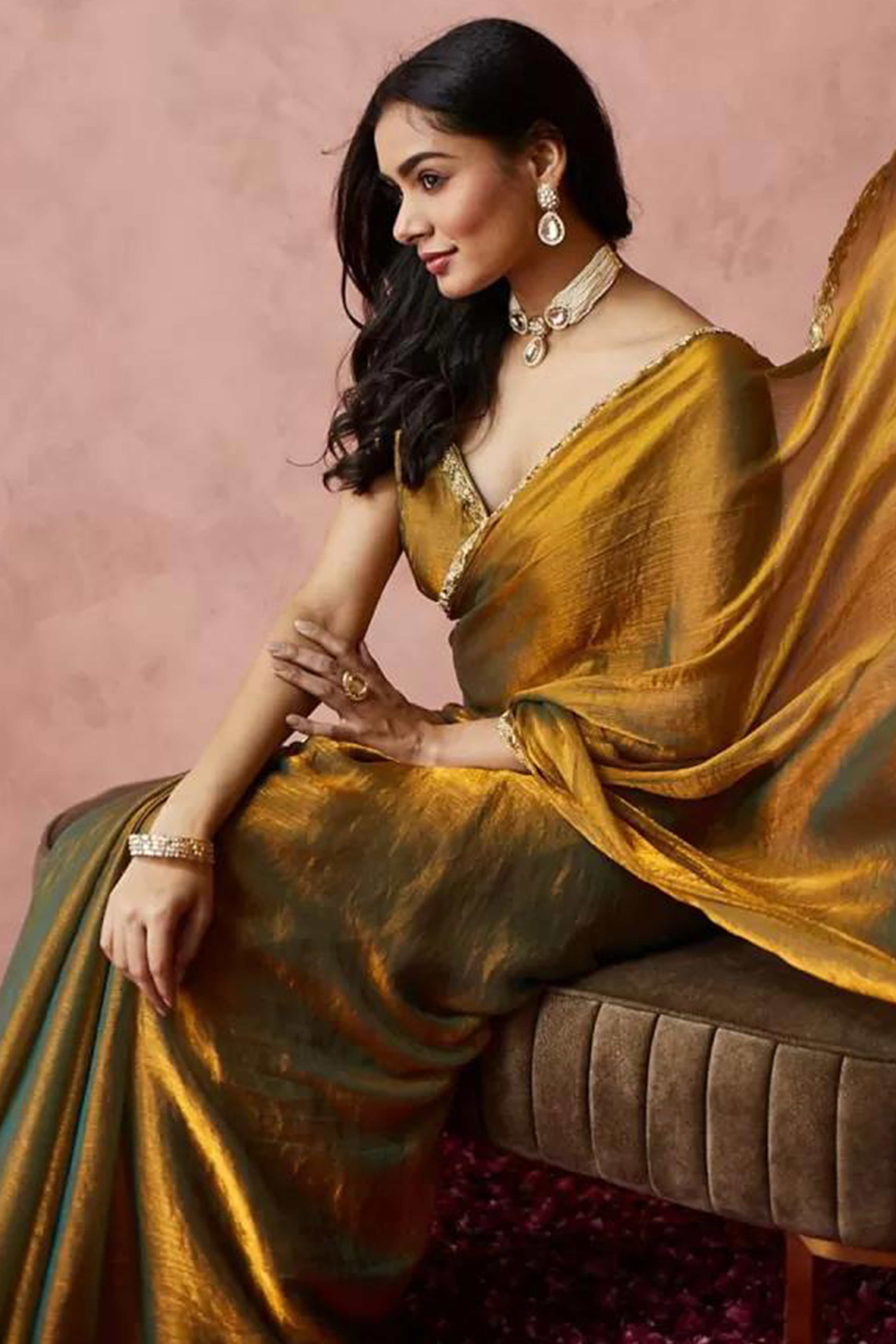 Shimmering Metallic Gold Chiffon Solid Saree With Stone Detailing