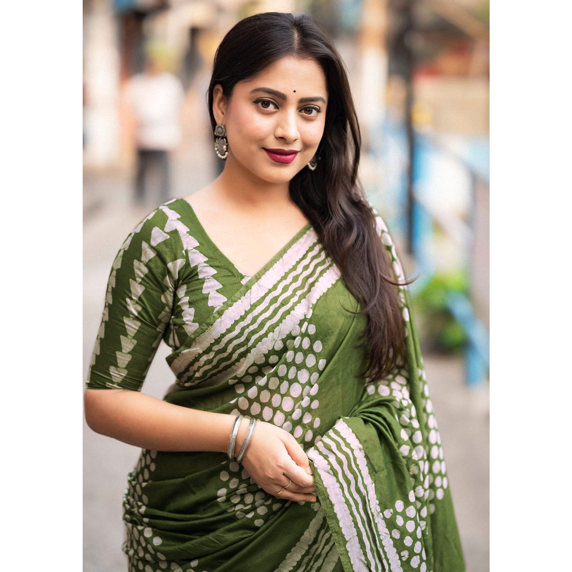 Green Printed Chanderi Saree With Tassels