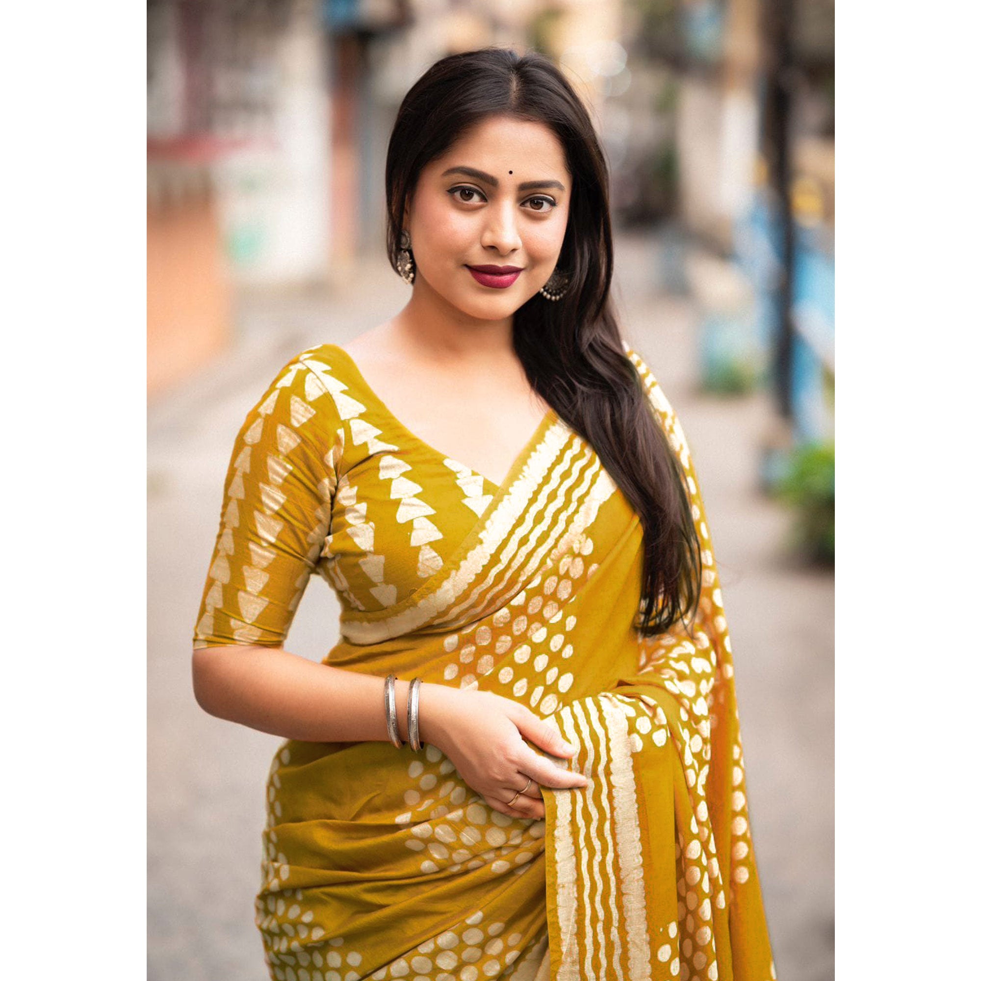 Mustard Printed Chanderi Saree With Tassels