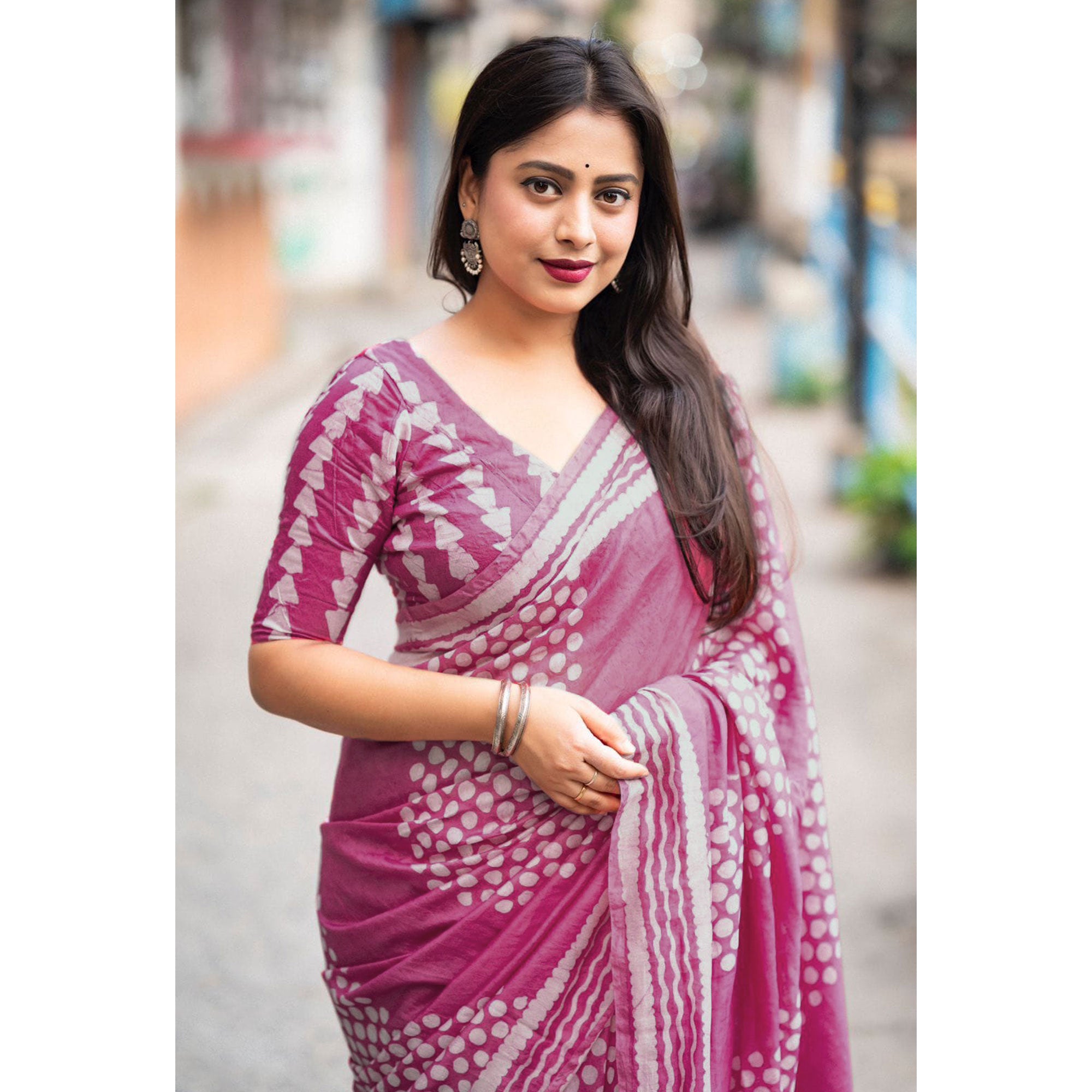 Pink Printed Chanderi Saree With Tassels