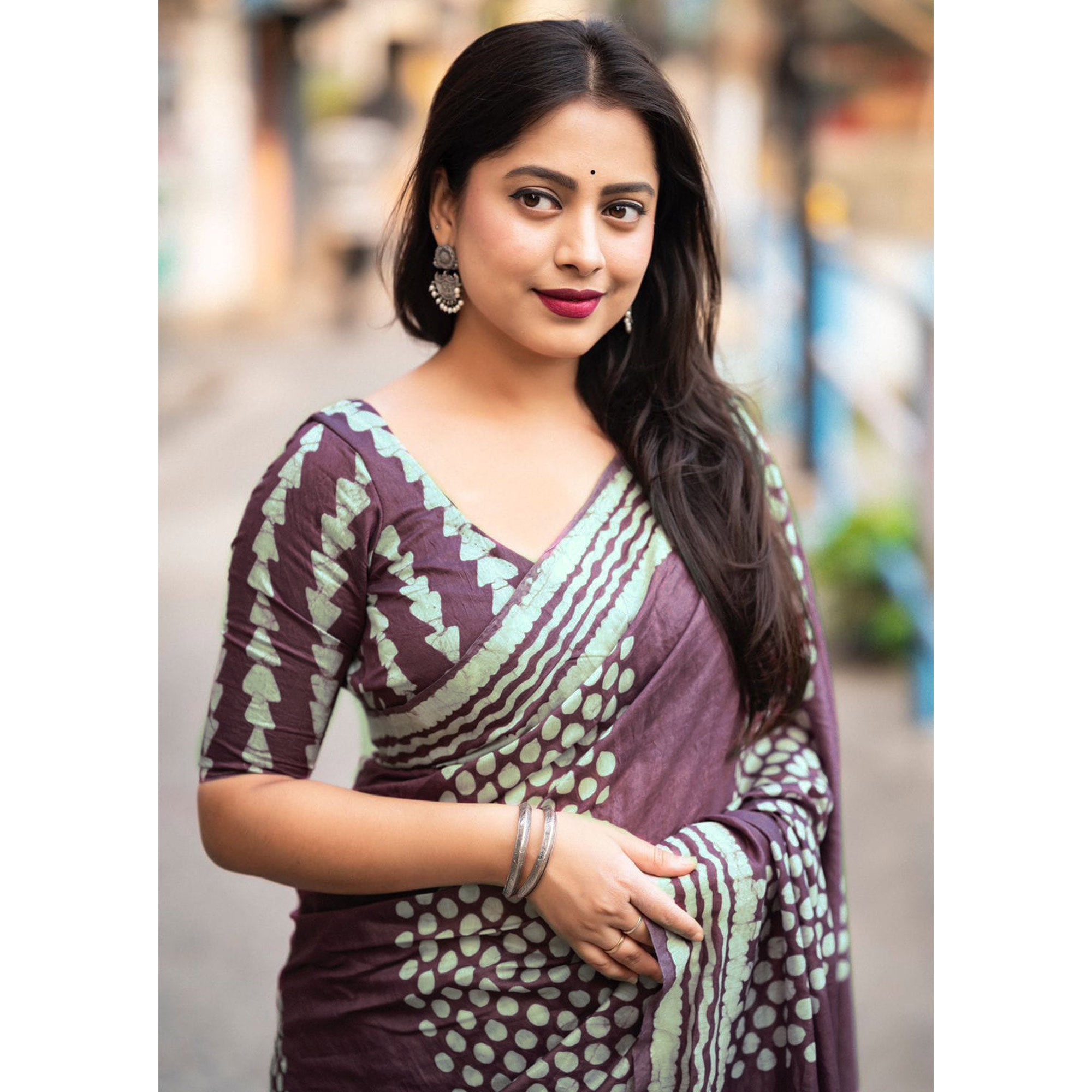 Purple Printed Chanderi Saree With Tassels