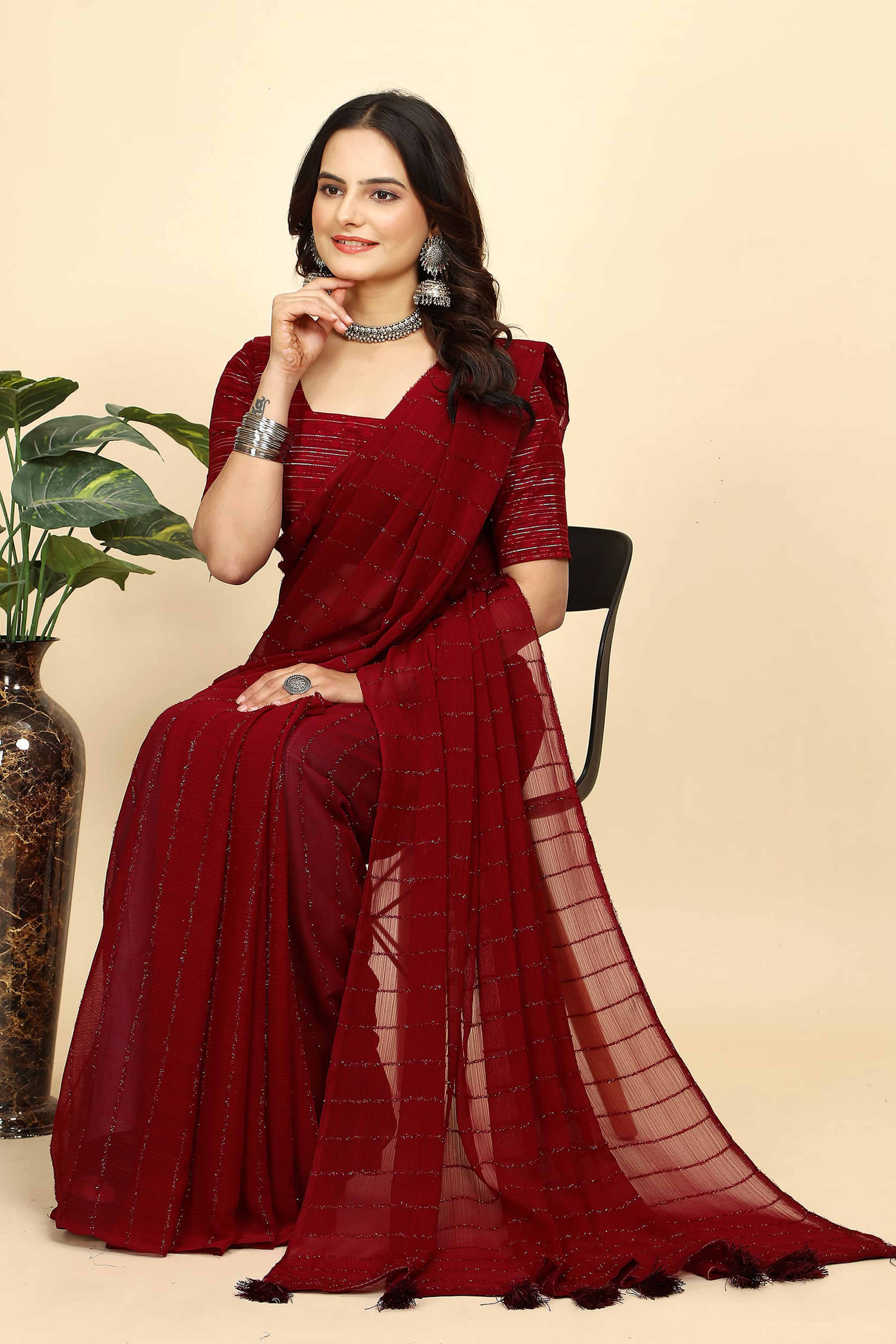 Dark Red Striped Zari Woven Chiffon Saree With Tassels