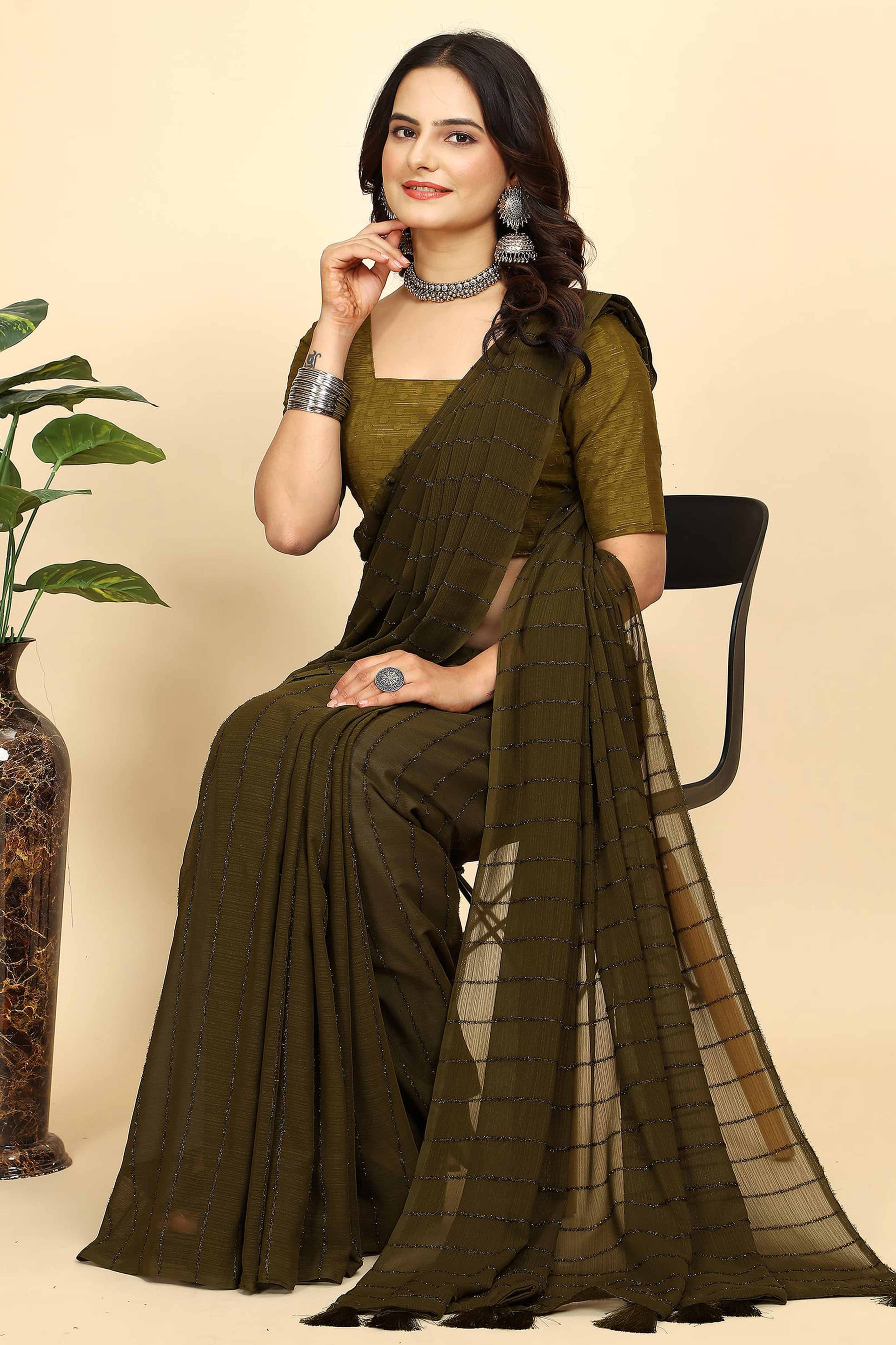 Mehendi Green Striped Zari Woven Chiffon Saree With Tassels