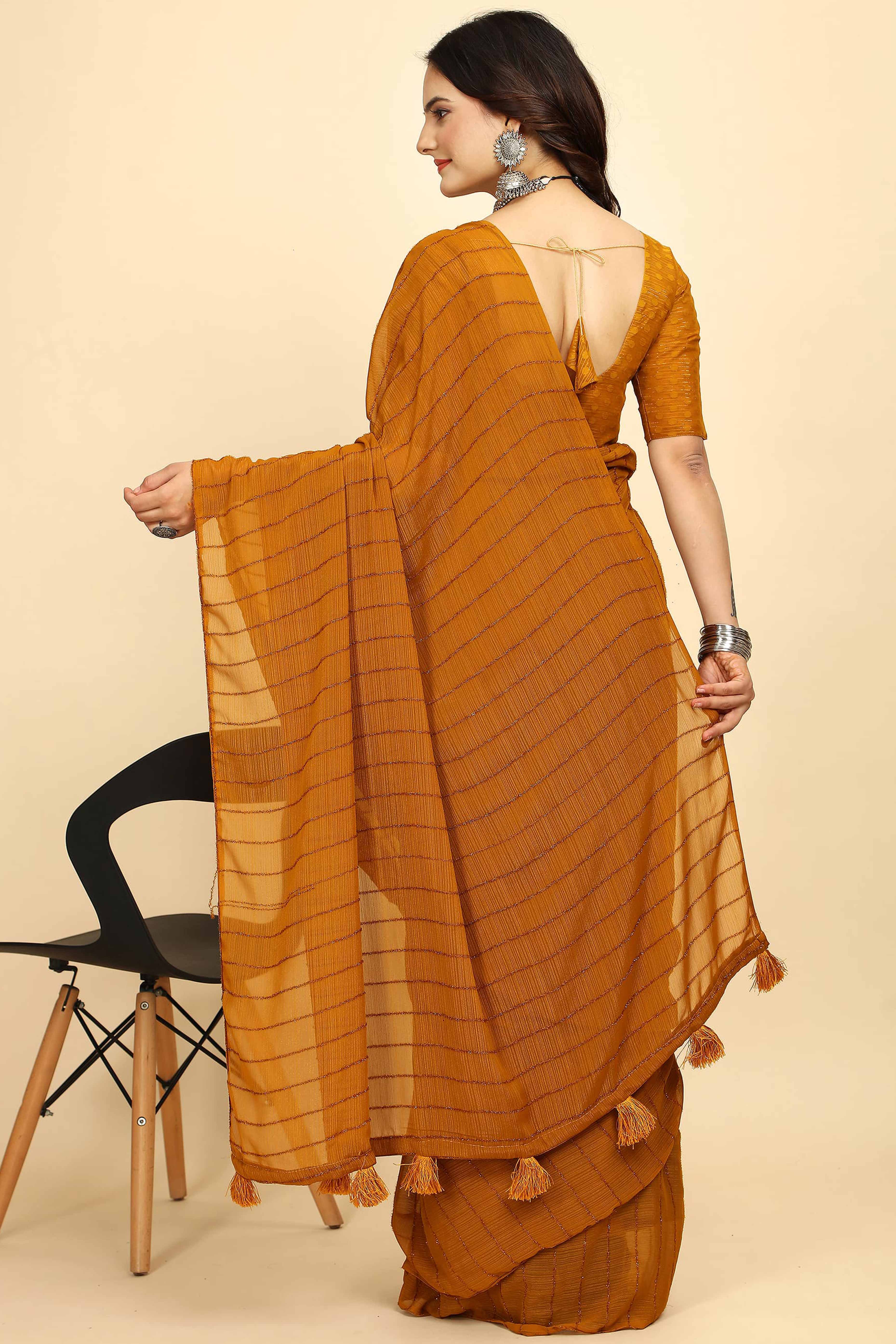 Mustard Striped Zari Woven Chiffon Saree With Tassels