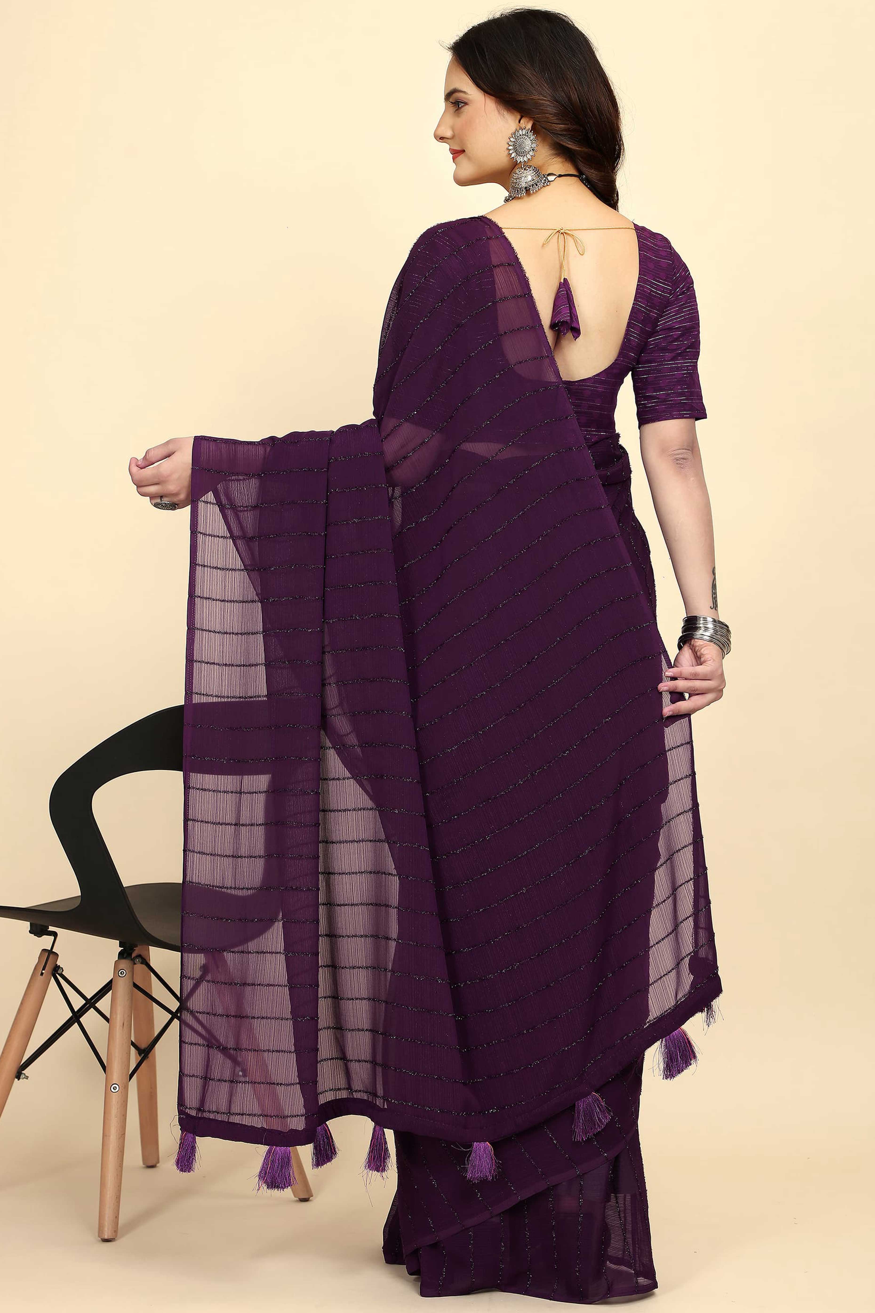 Purple Striped Zari Woven Chiffon Saree With Tassels