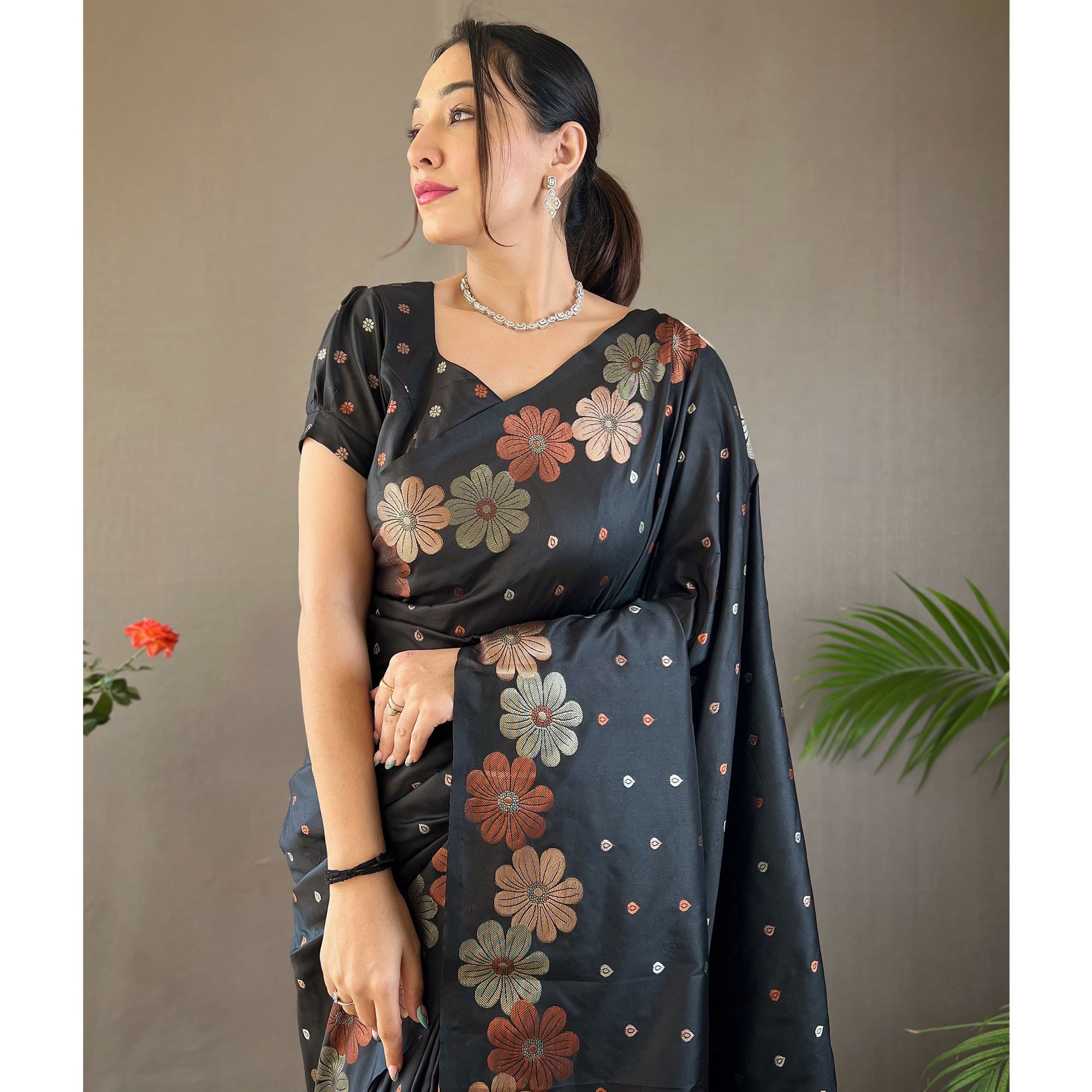 Black Floral Zari Woven Pure Silk Saree