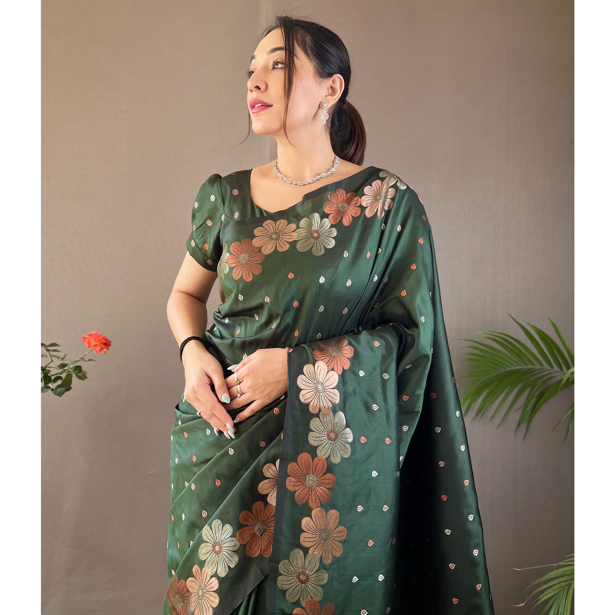 Green Floral Zari Woven Pure Silk Saree