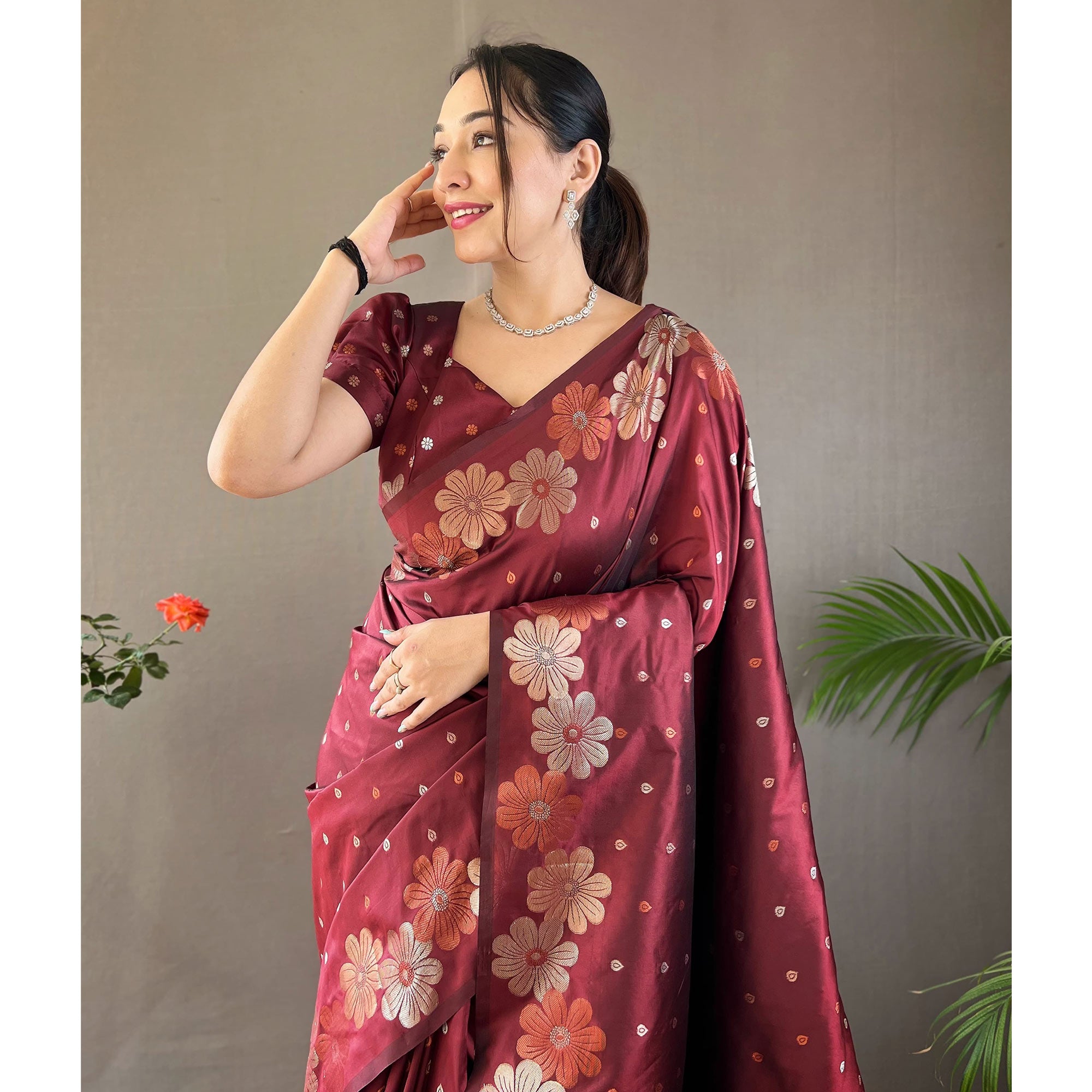 Maroon Floral Zari Woven Pure Silk Saree
