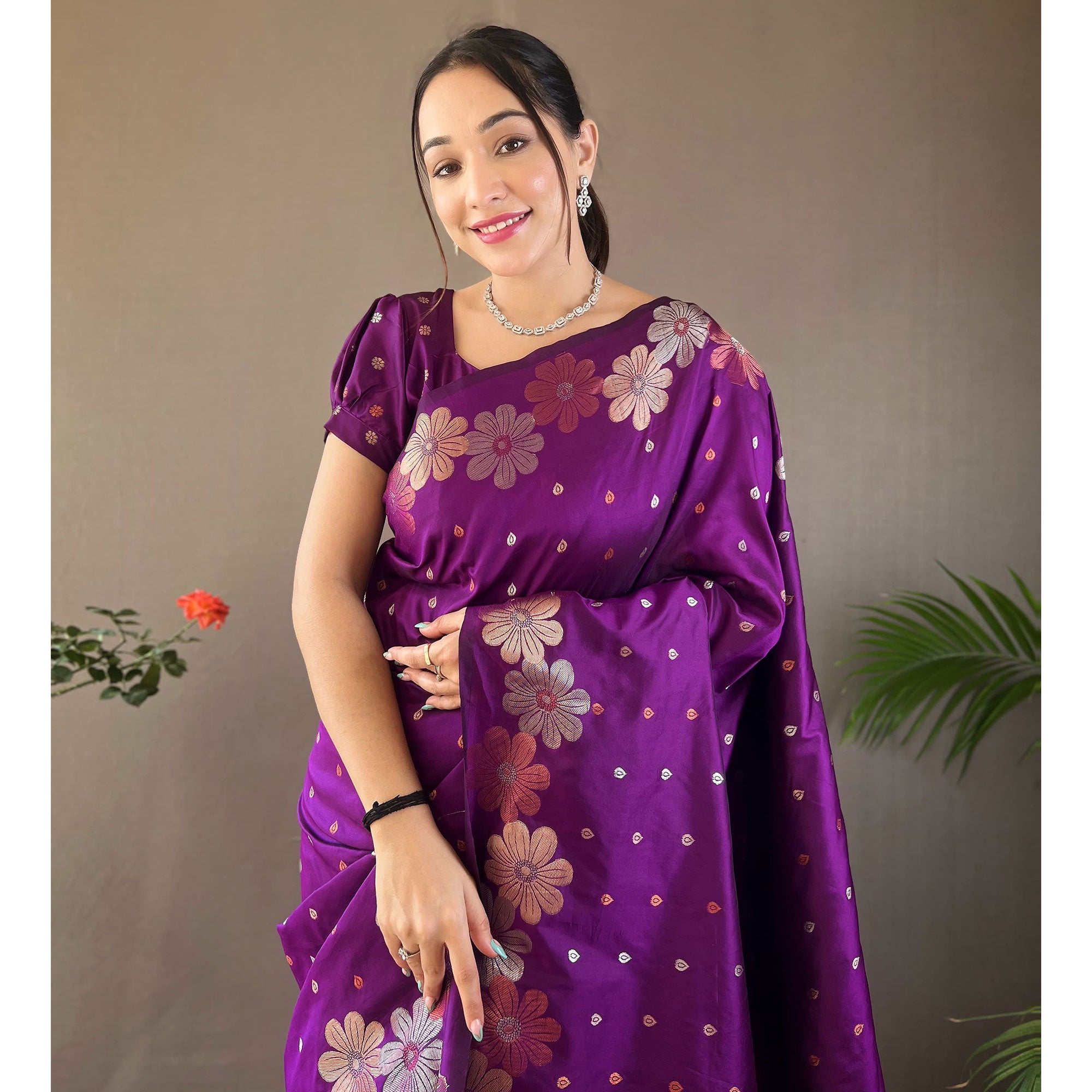 Purple Floral Zari Woven Pure Silk Saree