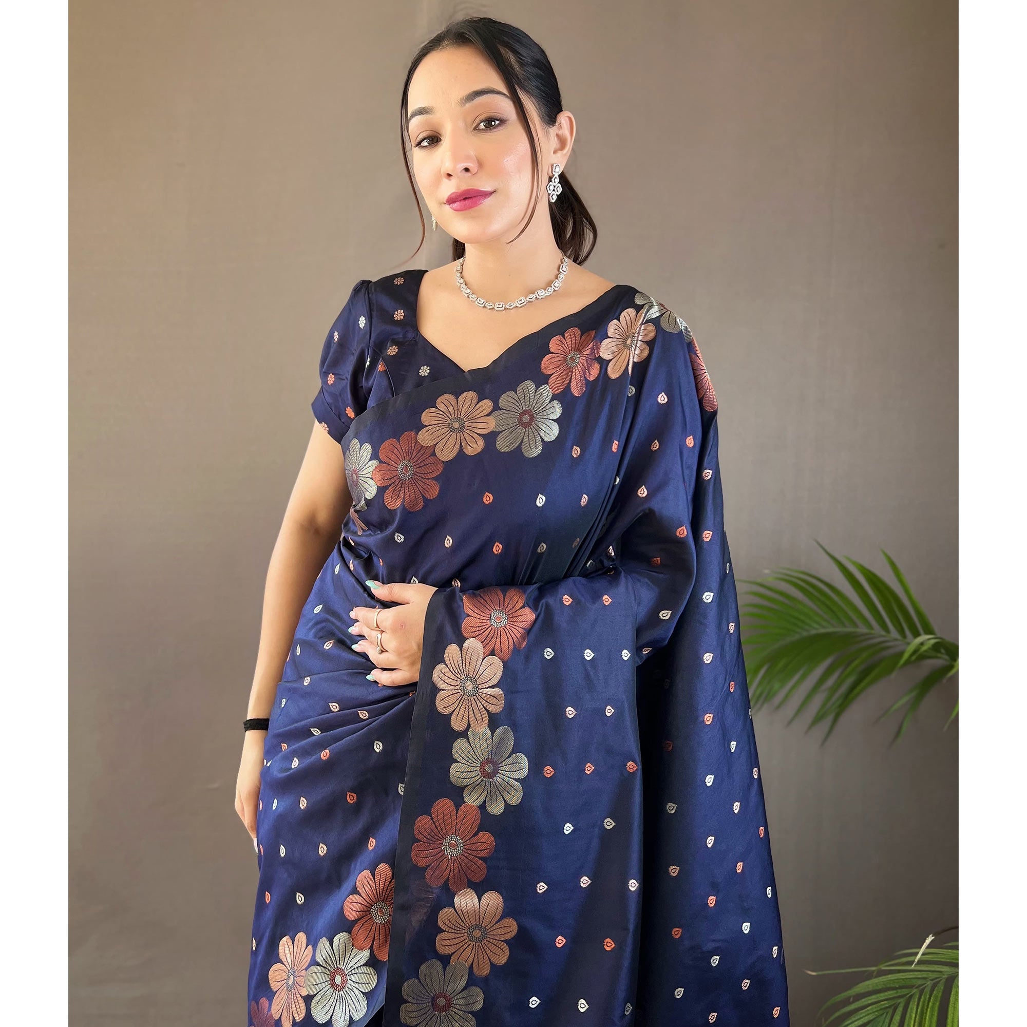 Royal Blue Floral Zari Woven Pure Silk Saree