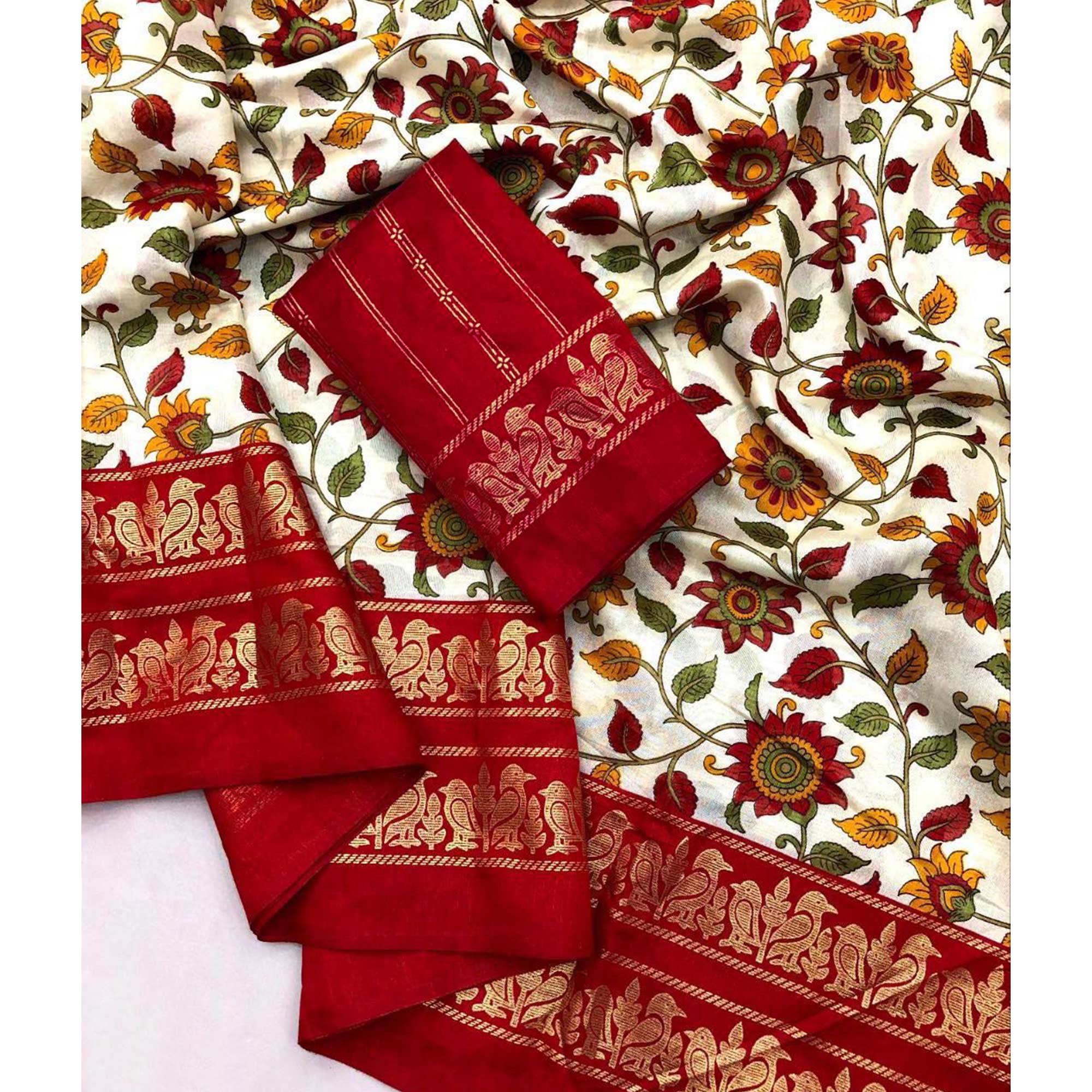 Red Kalamkari Printed Dola Silk Saree