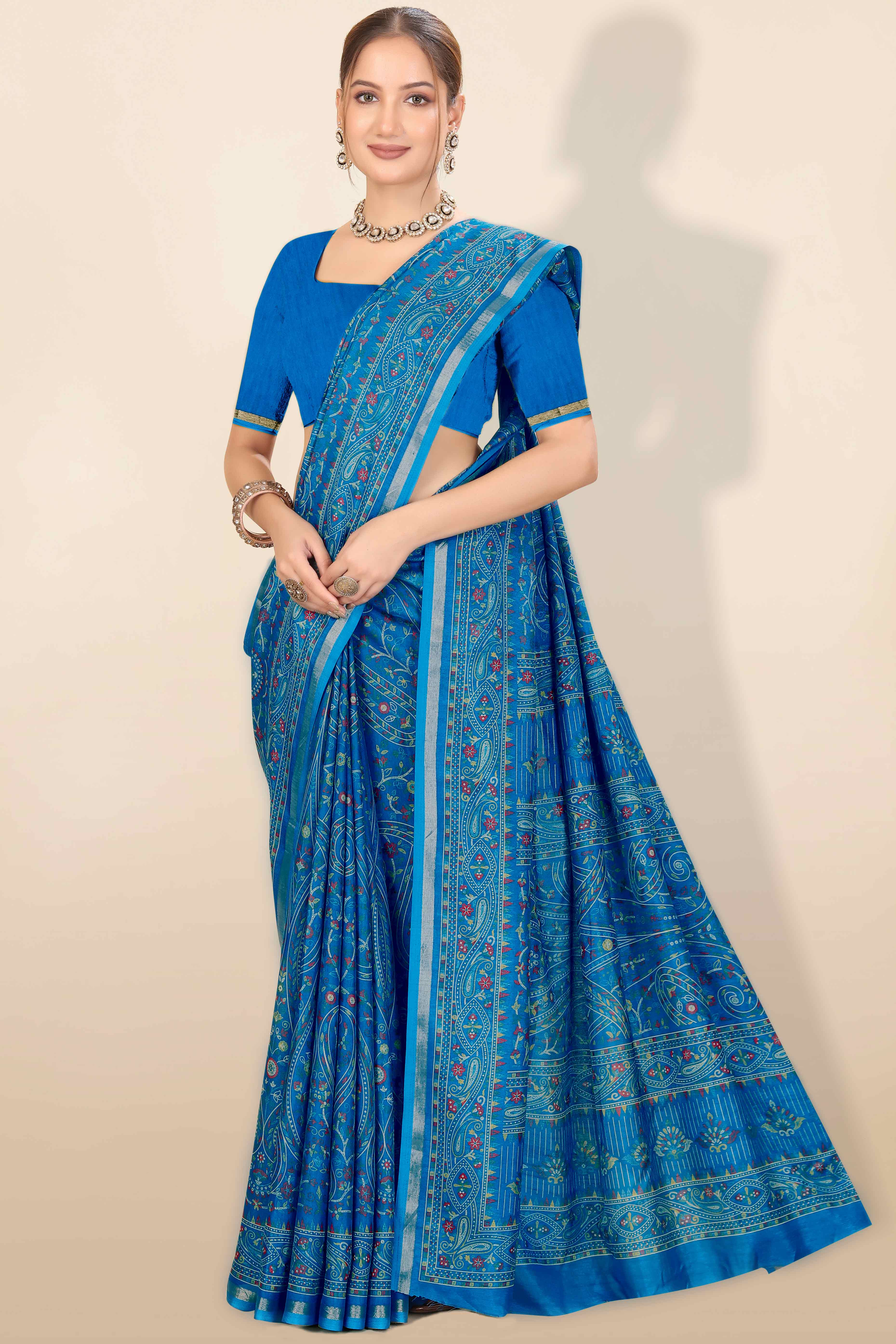 Blue Floral Printed Dola Kashmiri Dola Silk Saree Highlighted With Rich Golden Zari Border