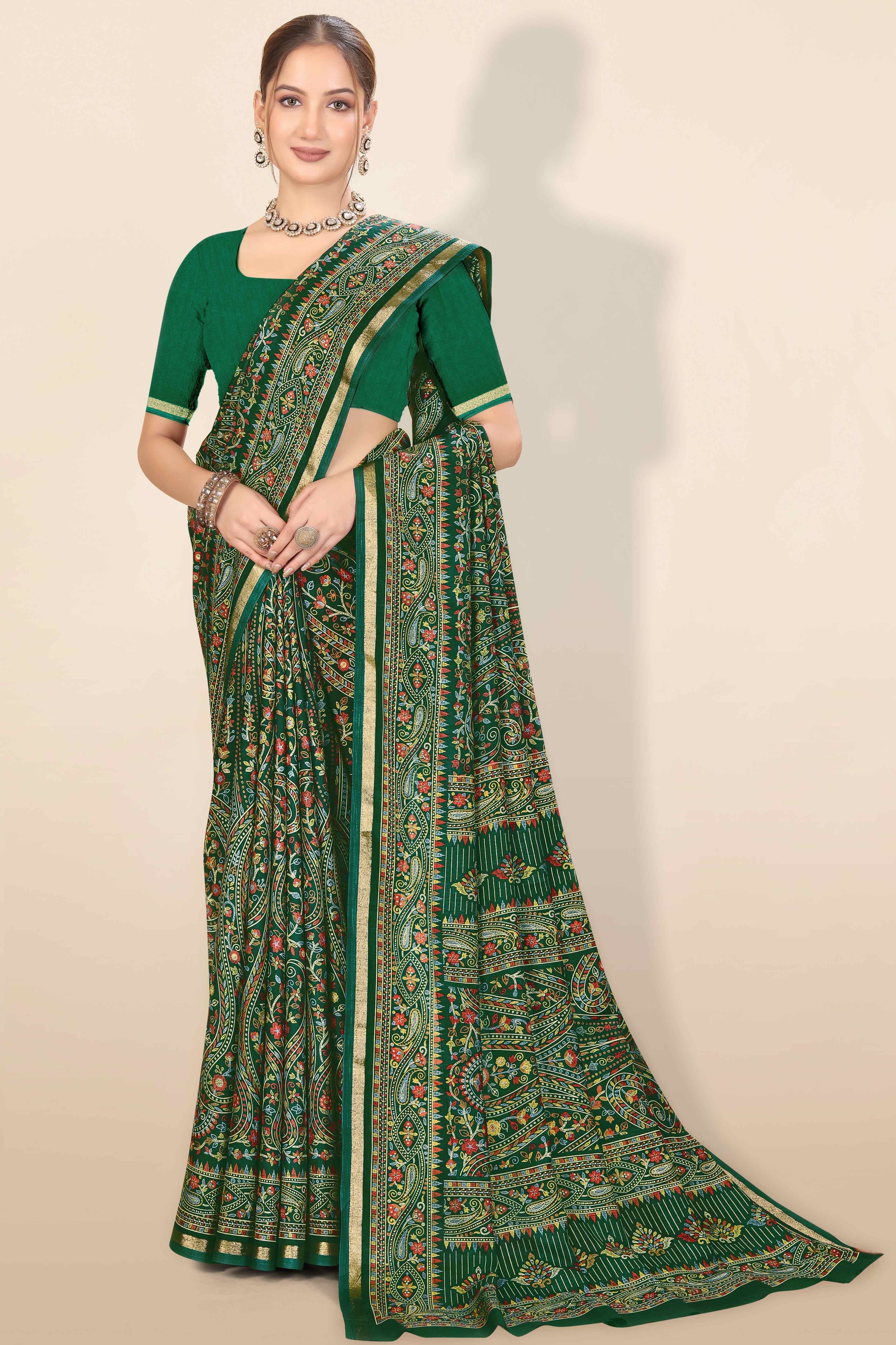 Green Floral Printed Dola Kashmiri Dola Silk Saree Highlighted With Rich Golden Zari Border