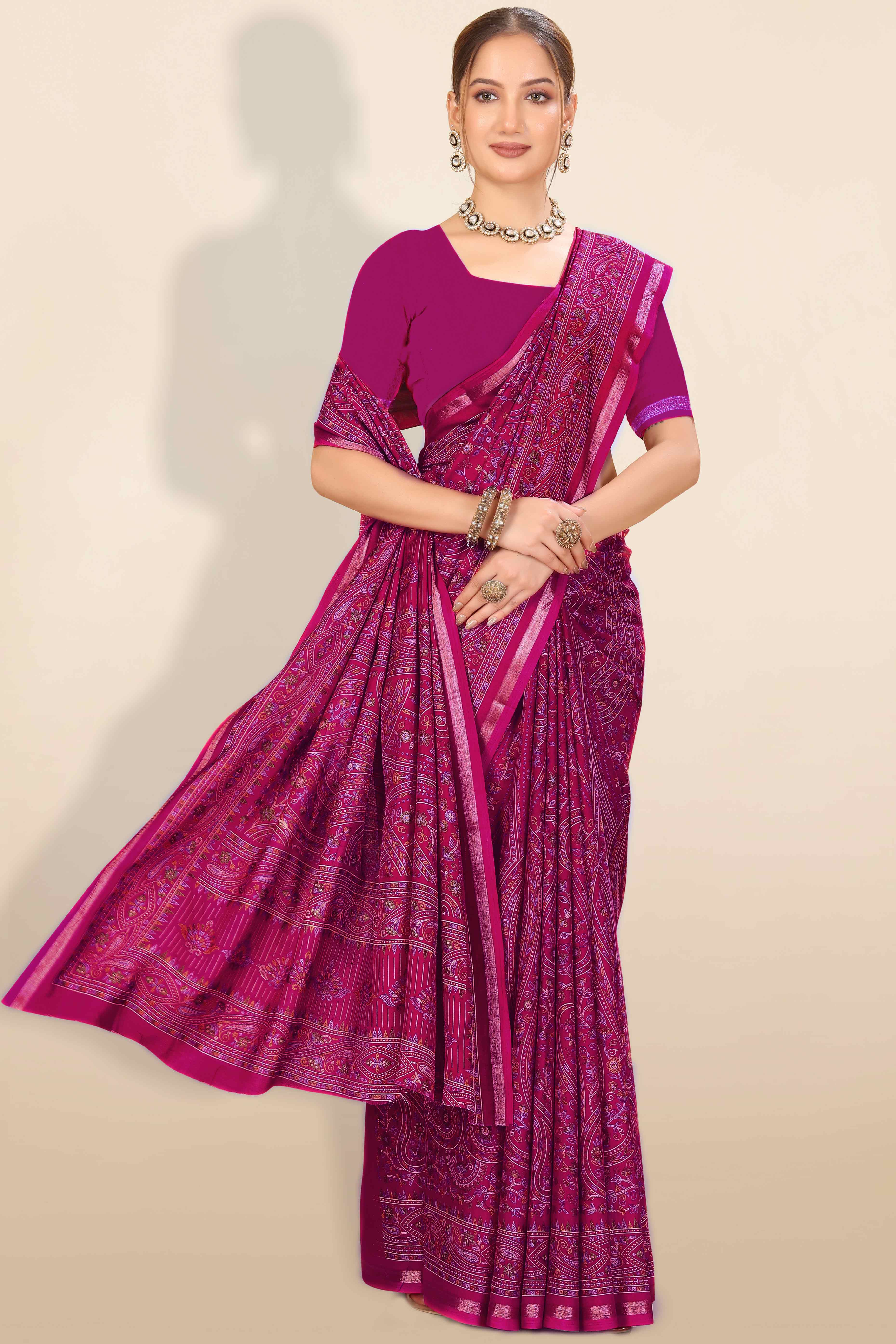 Dark Magenta Floral Printed Dola Kashmiri Dola Silk Saree Highlighted With Rich Golden Zari Border