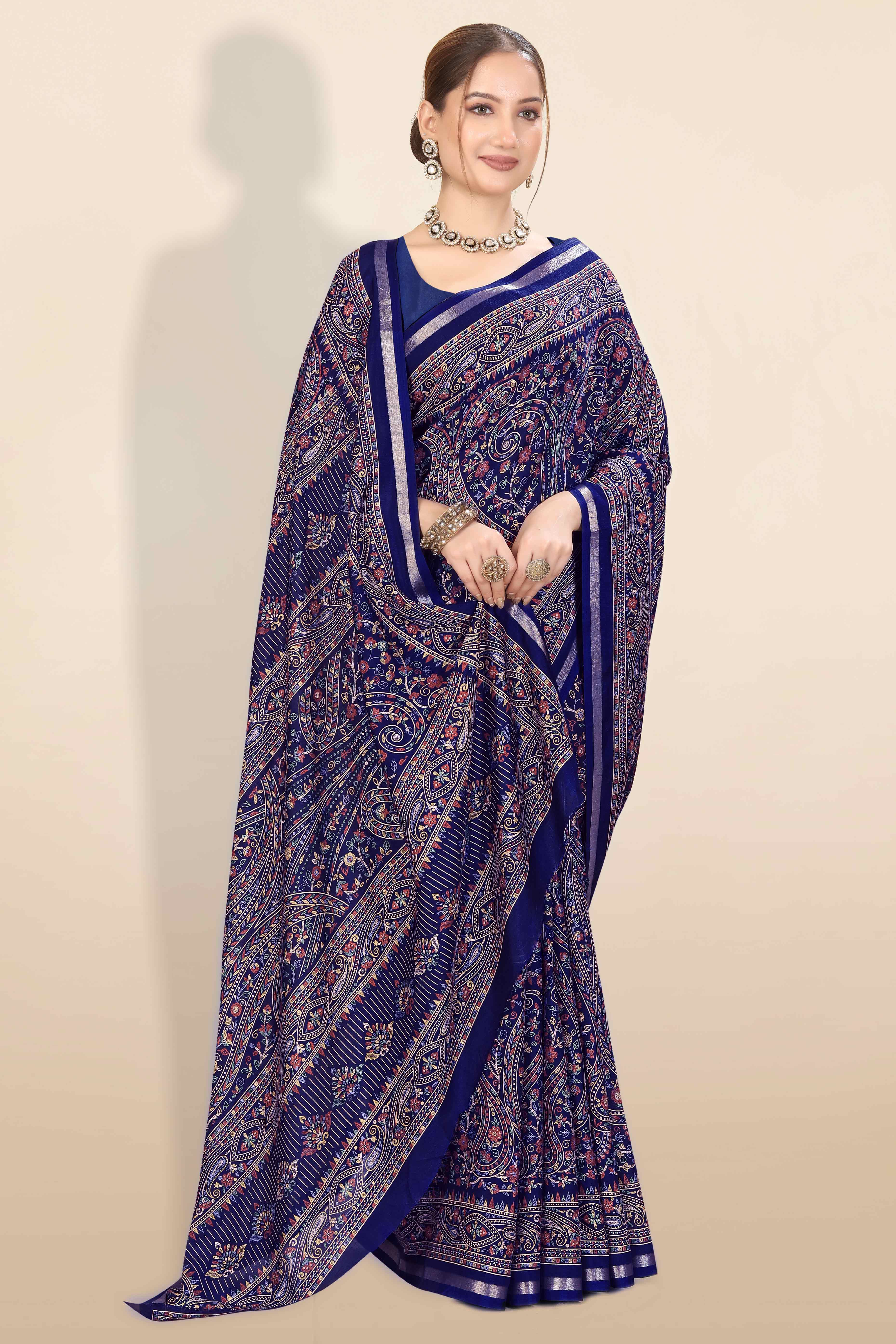 Navy Blue Floral Printed Dola Kashmiri Dola Silk Saree Highlighted With Rich Golden Zari Border