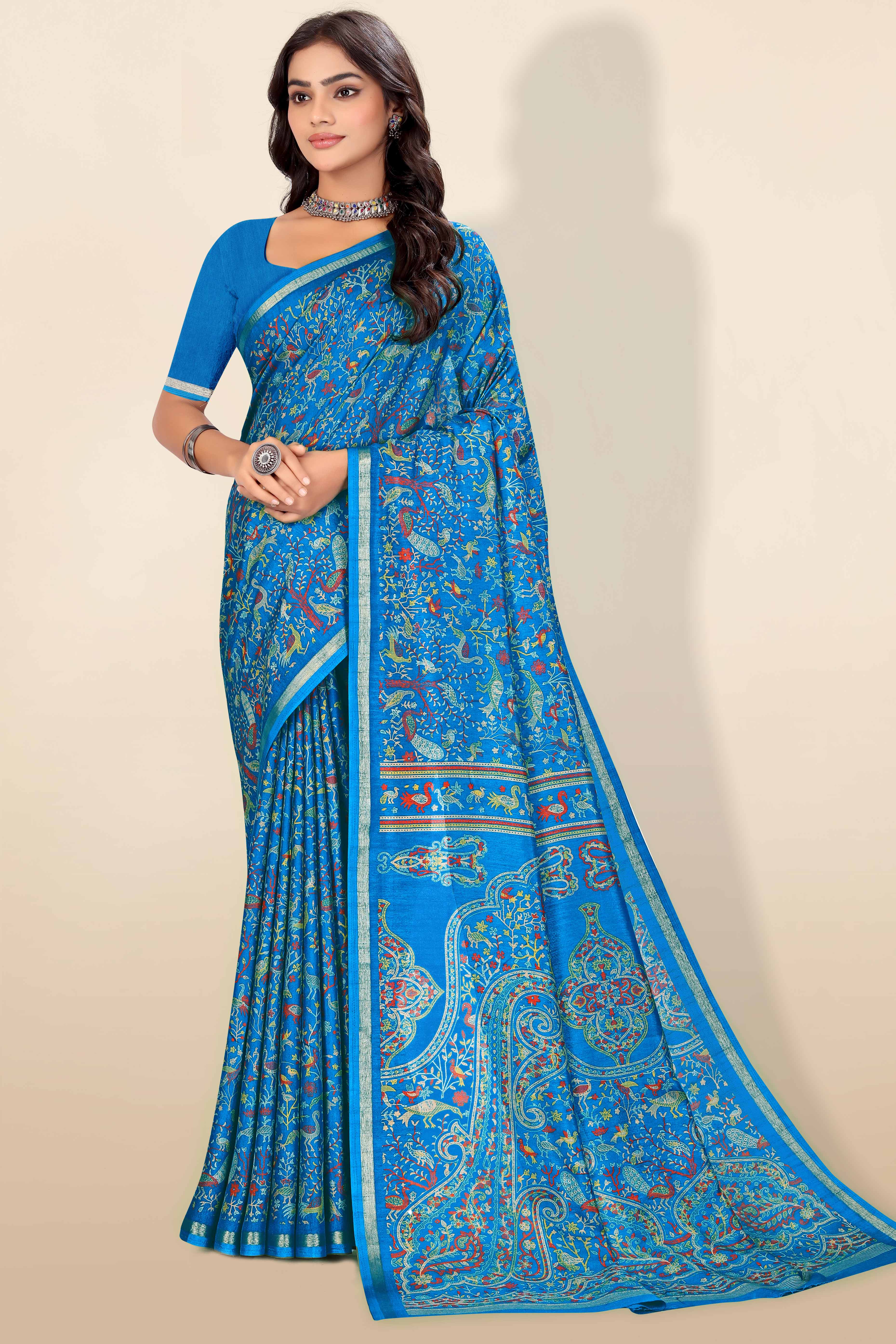 Blue Tussar Silk Blend Saree with Intricate Floral & Bird Kashmiri Print & Elegant Zari Border