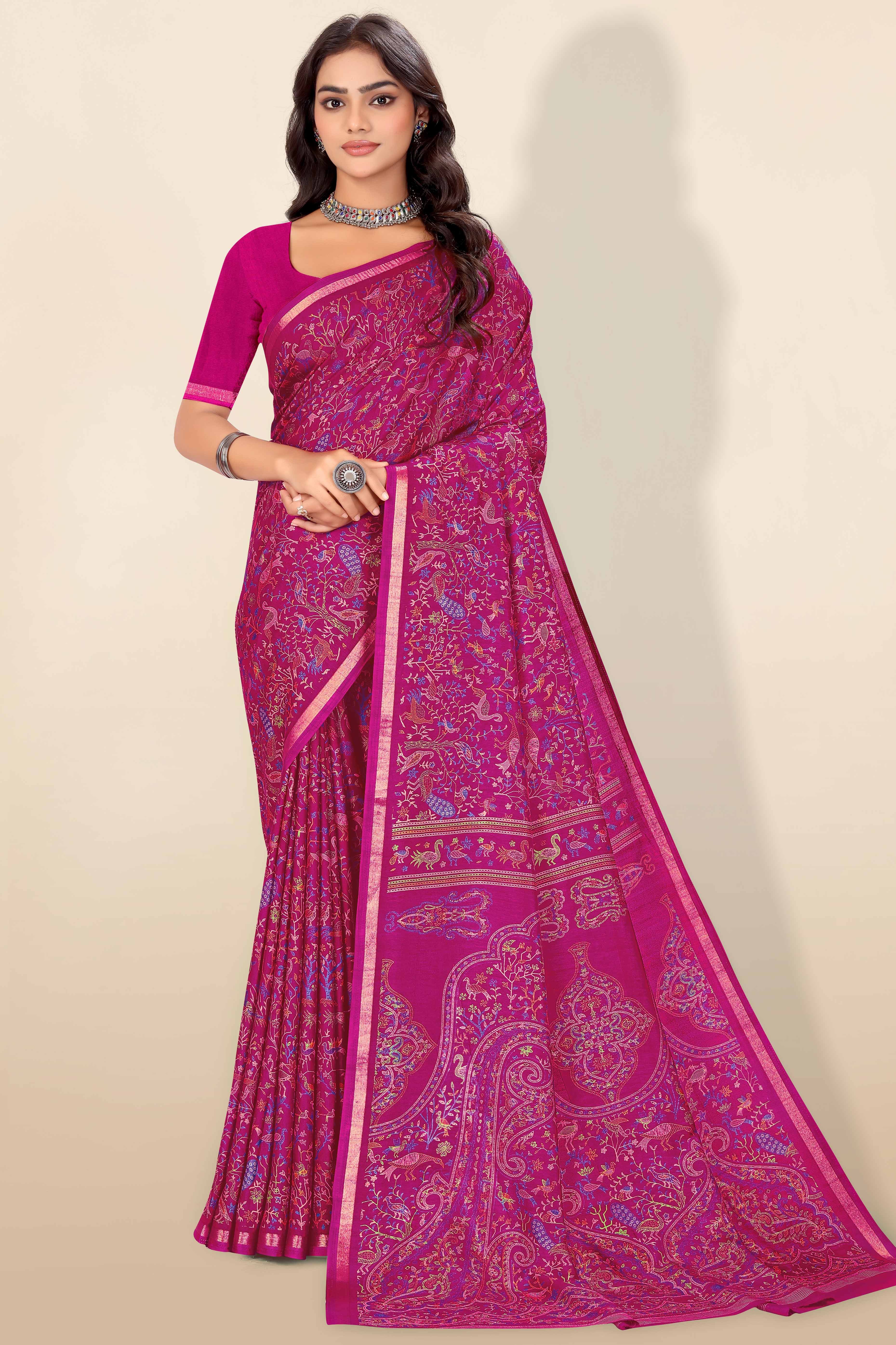 Dark Magenta Tussar Silk Blend Saree with Intricate Floral & Bird Kashmiri Print & Zari Border