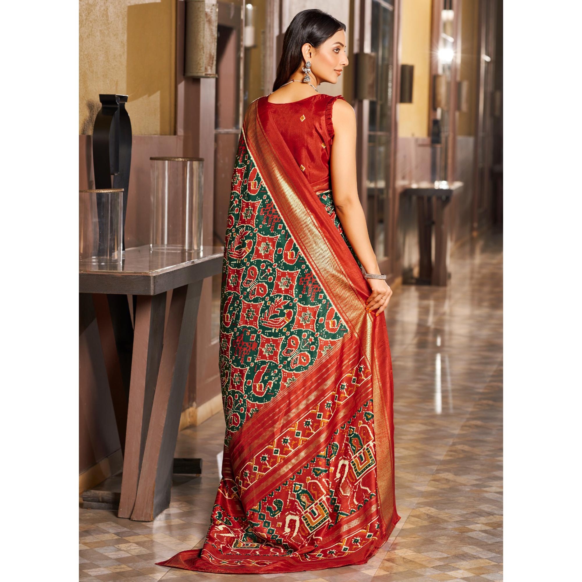 Green & Red Patola Printed Viscose Saree With Zari Border