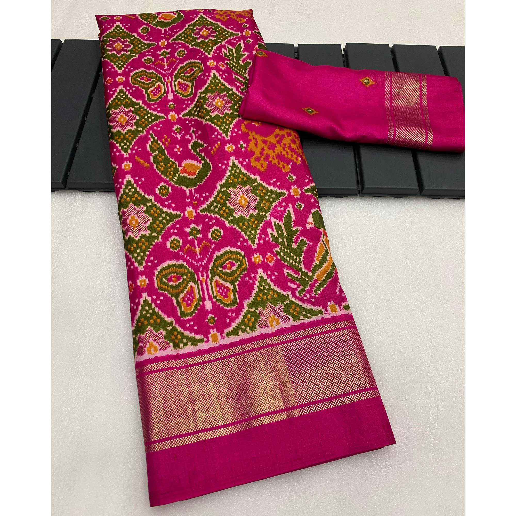 Pink & Green Patola Printed Viscose Saree With Zari Border