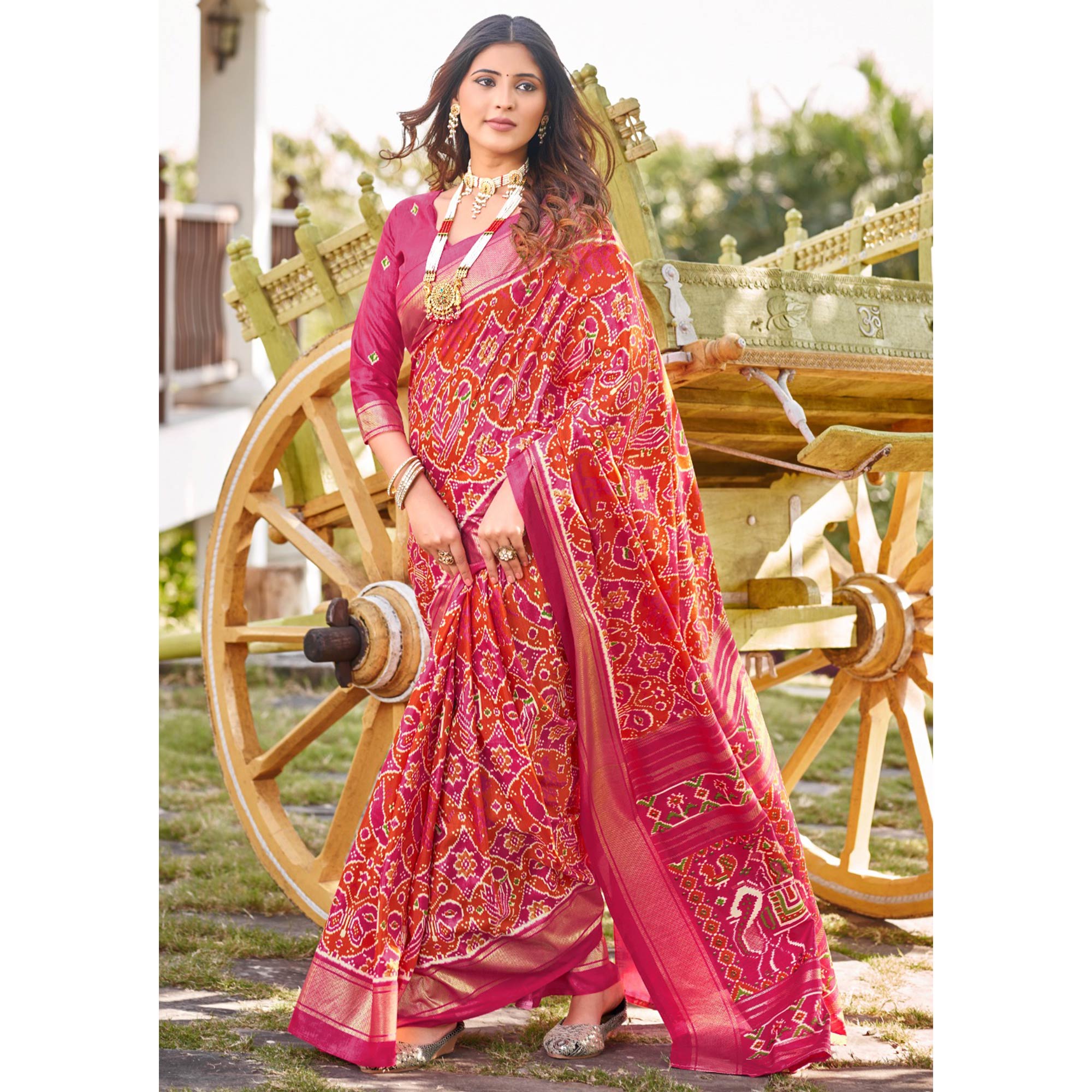 Pink & Orange Patola Printed Viscose Saree With Zari Border