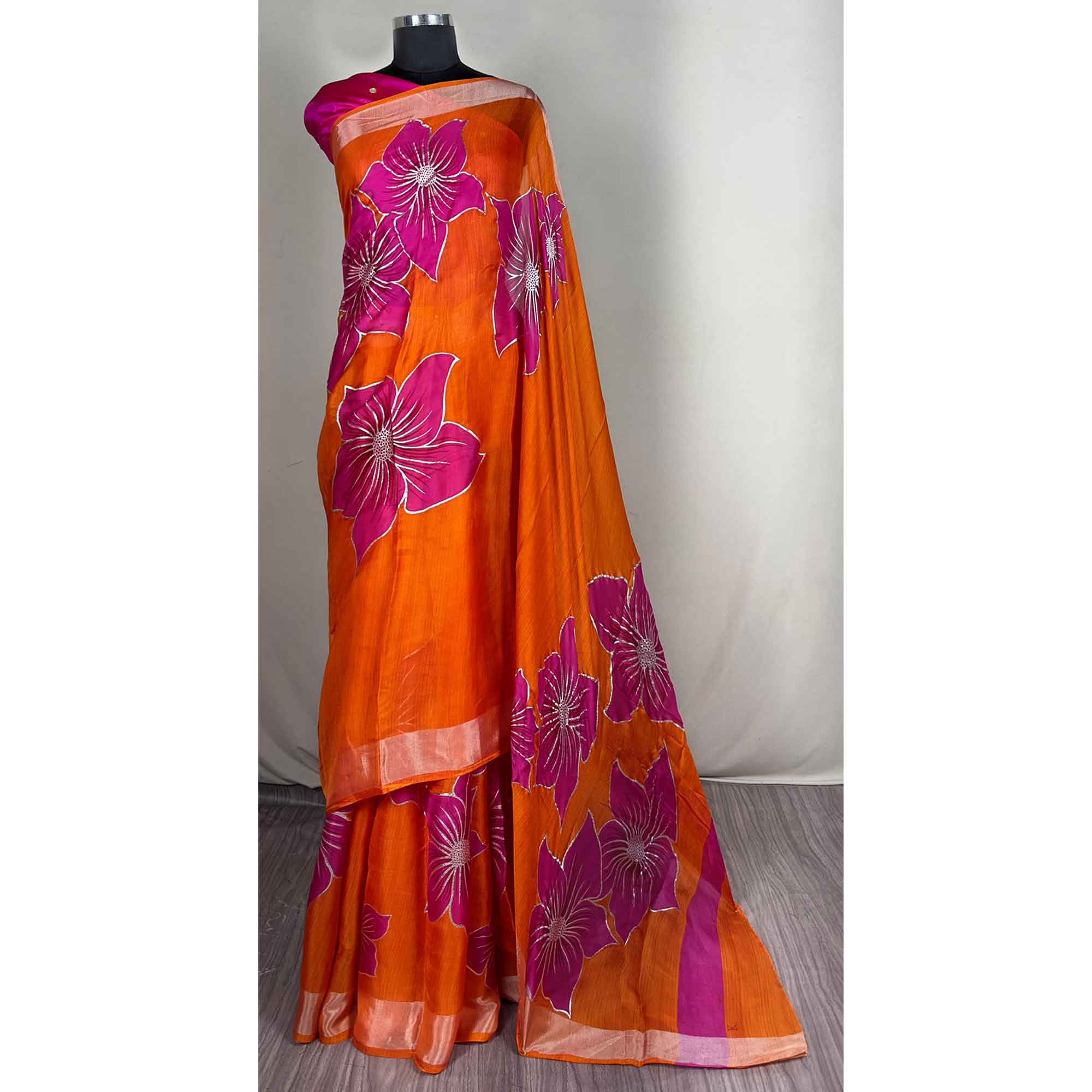 Vibrant Orange & Pink Floral Foil Printed Organza Saree With Designer Unstitched Blouse