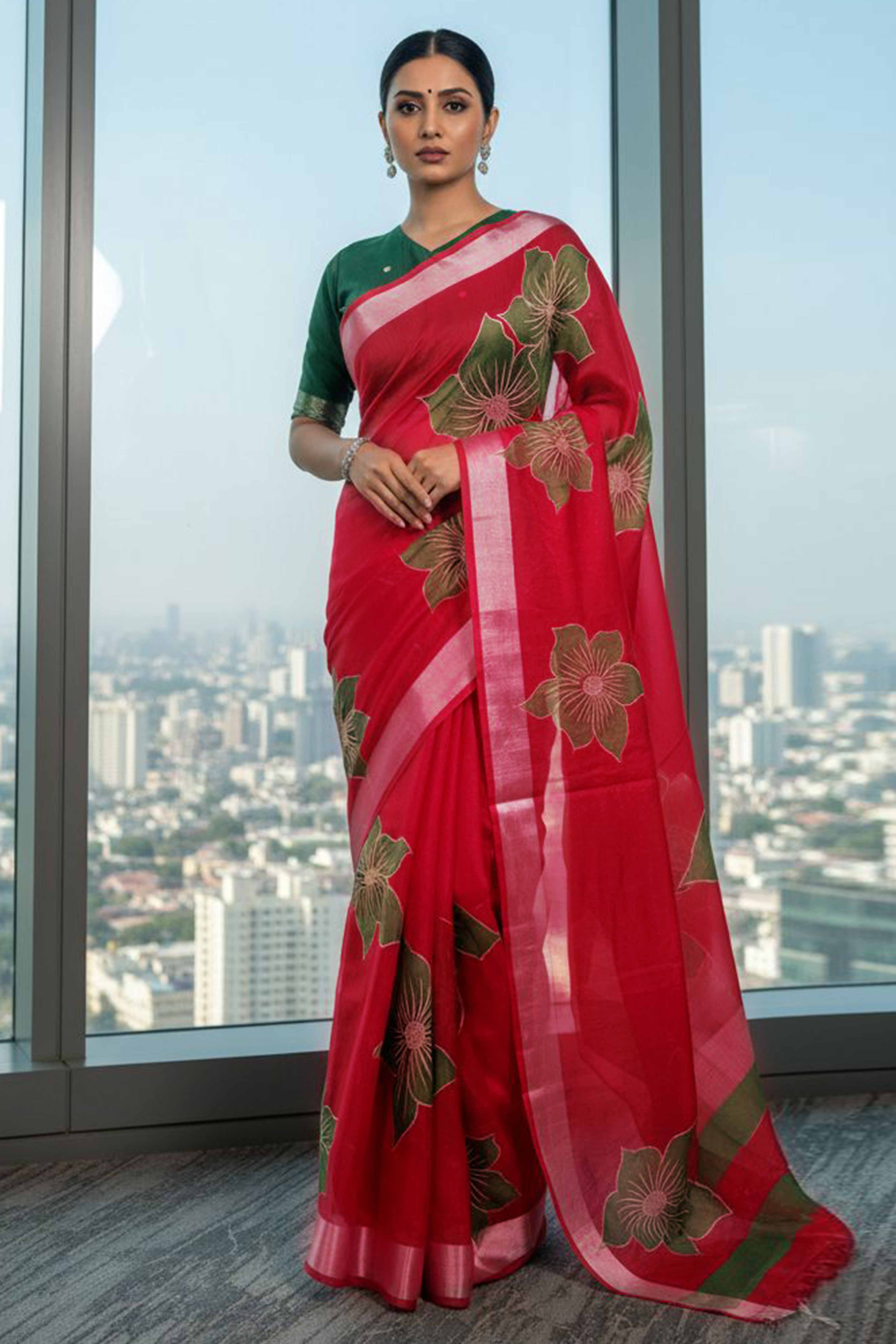 Vibrant Red & Green Floral Foil Printed Organza Saree With Designer Unstitched Blouse